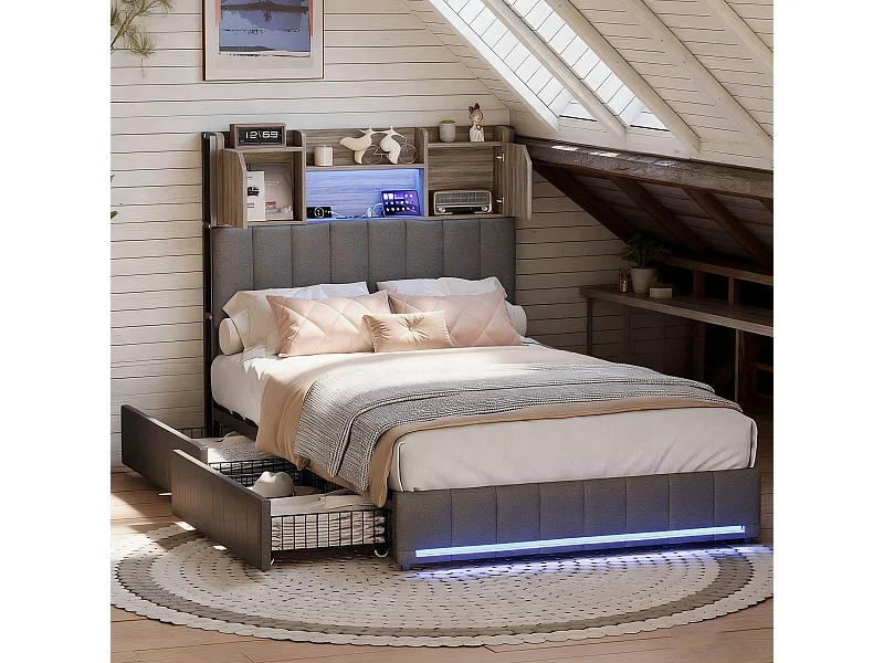 Lit 90x200 cm avec sommier à lattes- Lit ado 90x200 cm avec 2 tiroirs et tête de lit rangements - éclairage LED - lit simple - lin gris