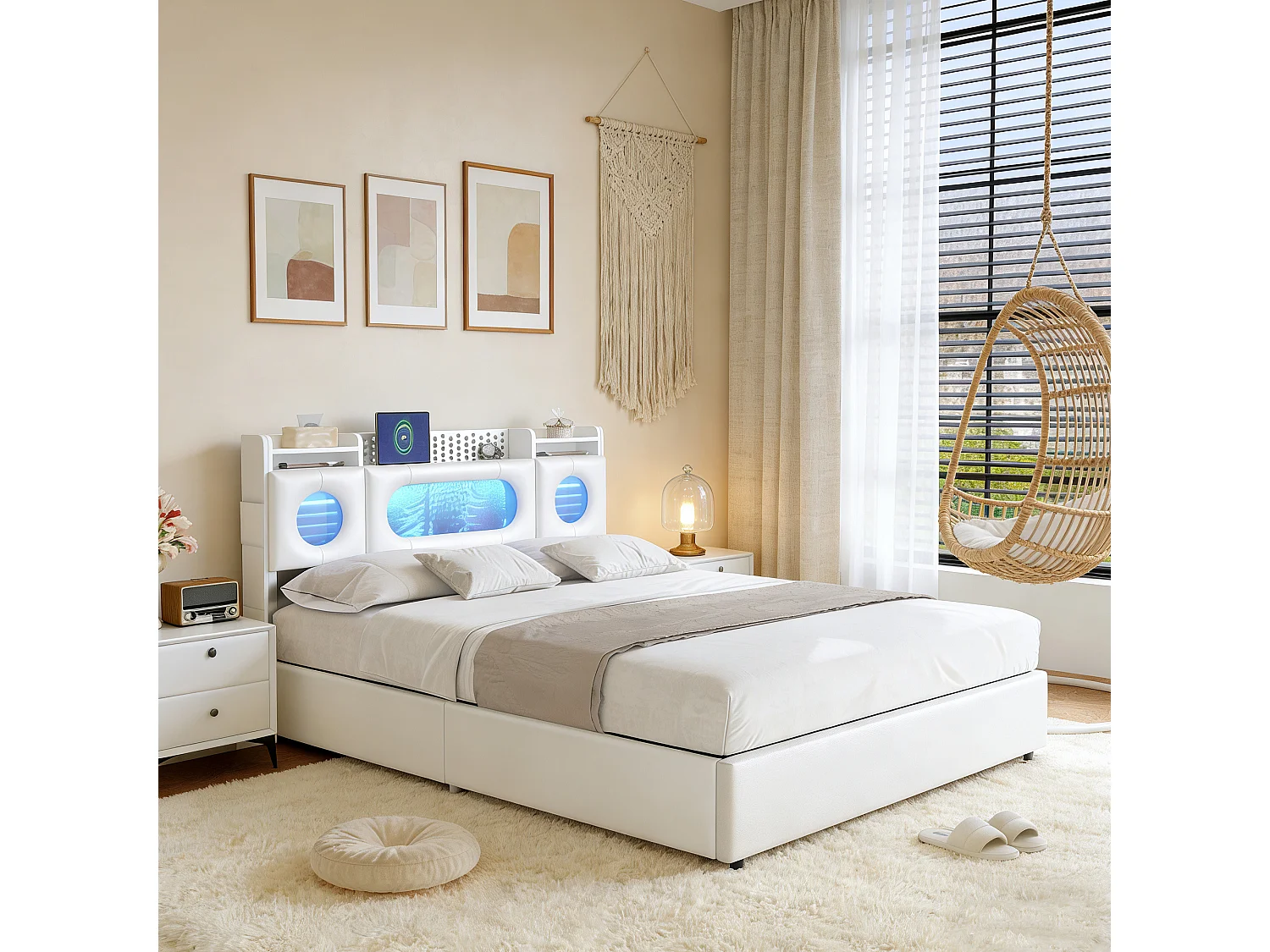 Lit adulte 160x200 coffre  - USB et Type C - lit double 160x200 cm avec sommier à latte - LED - style scandinave - blanc- rangement dissimulé à la tête du lit