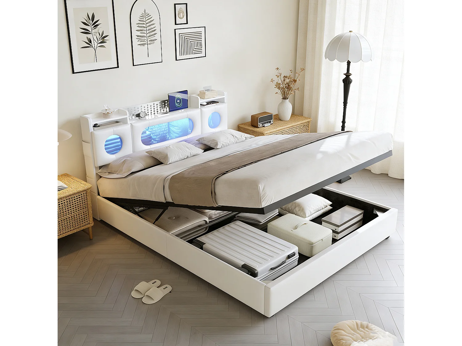 Lit adulte 160x200 coffre  - USB et Type C - lit double 160x200 cm avec sommier à latte - LED - style scandinave - blanc- rangement dissimulé à la tête du lit