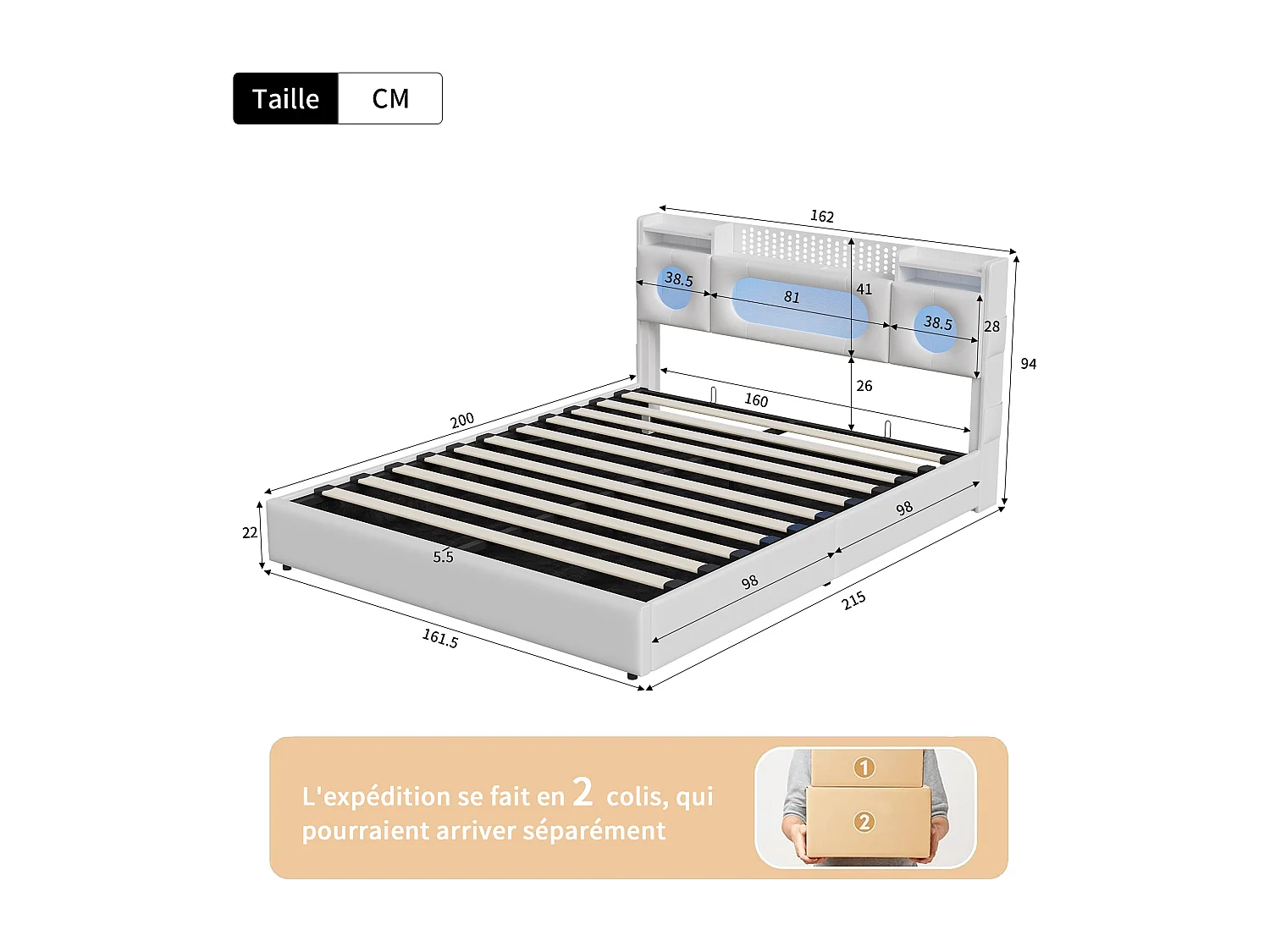 Lit adulte 160x200 coffre  - USB et Type C - lit double 160x200 cm avec sommier à latte - LED - style scandinave - blanc- rangement dissimulé à la tête du lit