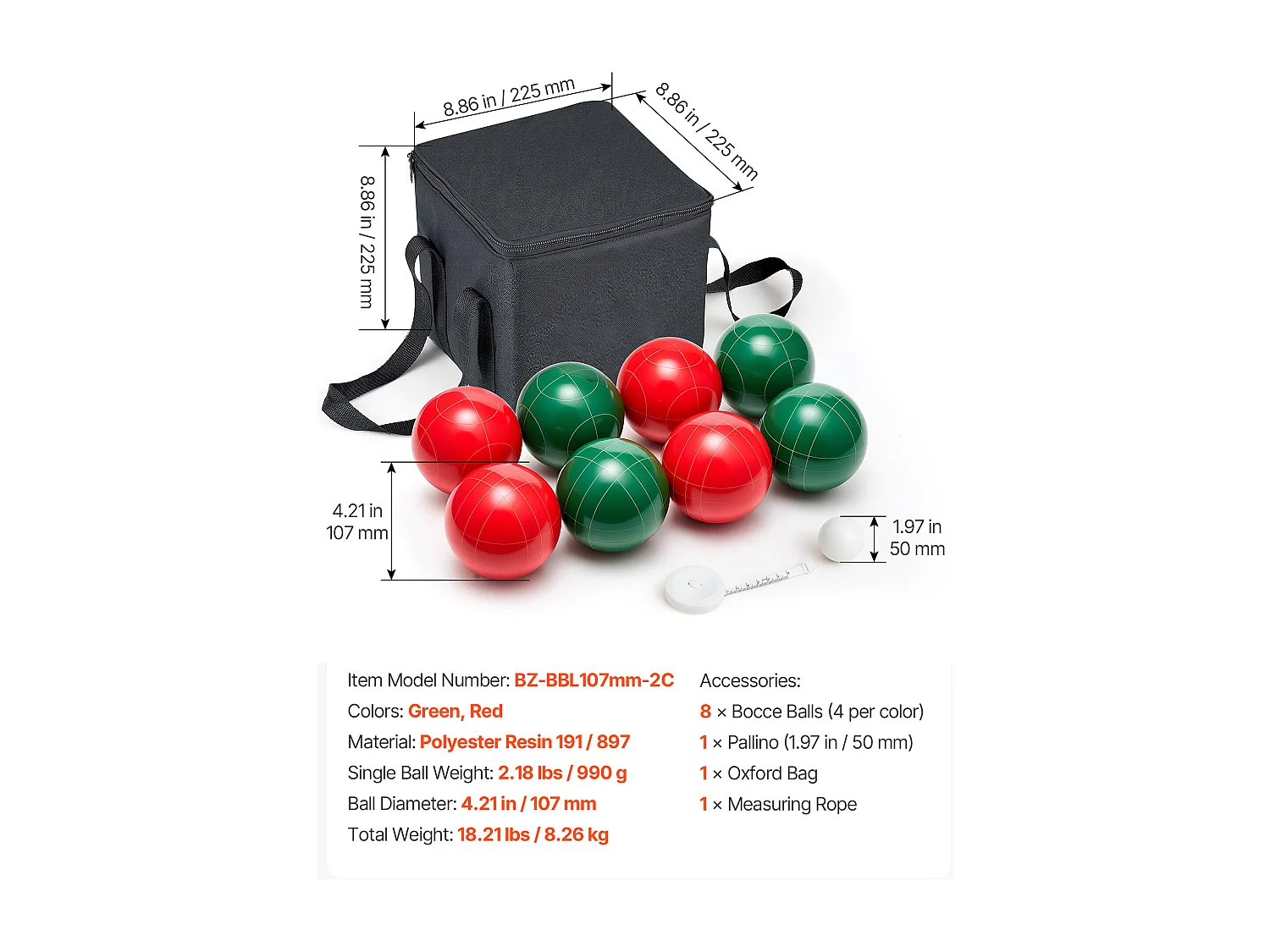 Bocce Set SucceBuy 8 Harsballen van 10.7 cm en Pallino, Spel in Twee Kleuren Rood en Groen, Uitgerust met een Draagtas en een Meetkoord