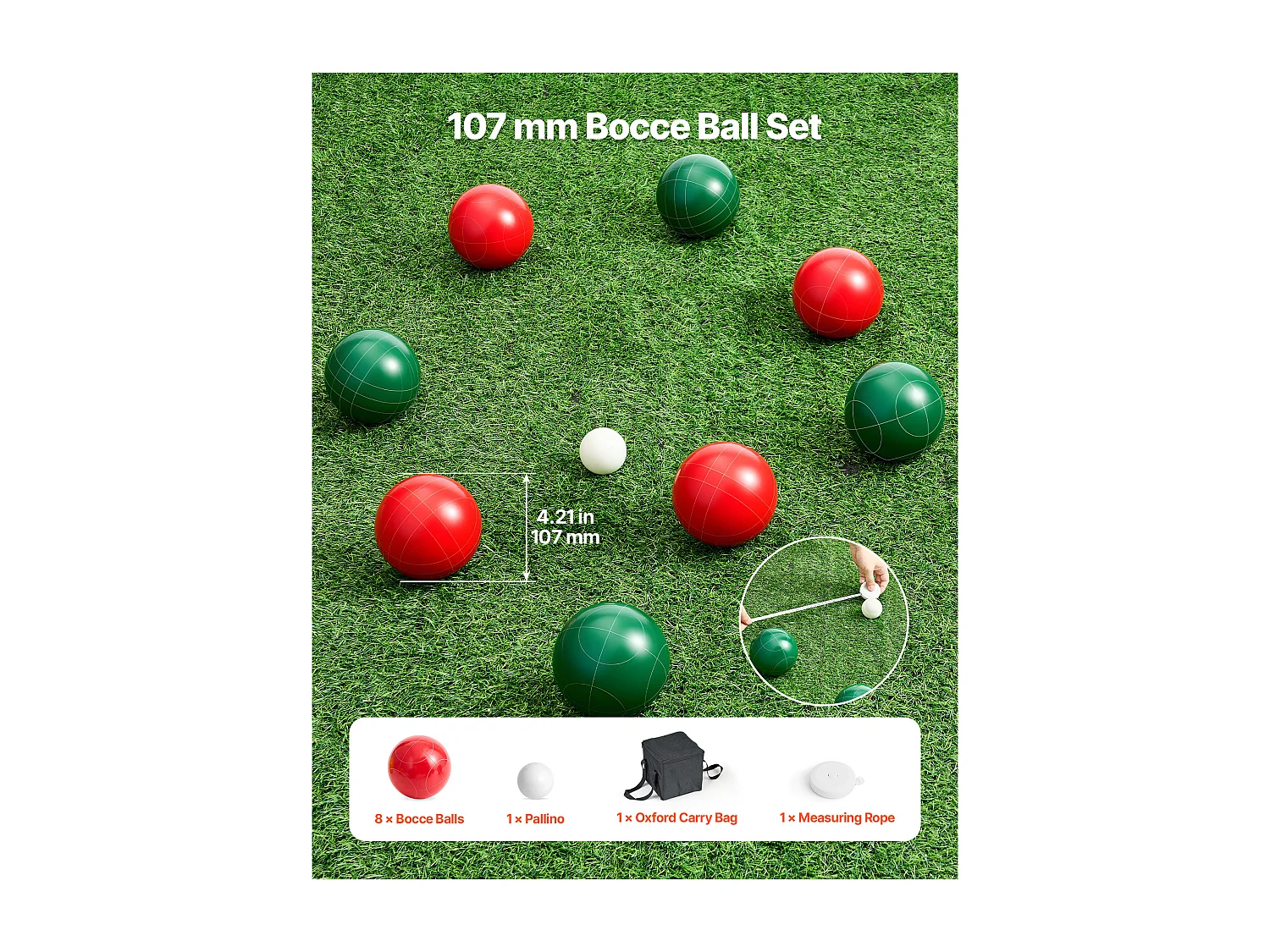 Bocce Set SucceBuy 8 Harsballen van 10.7 cm en Pallino, Spel in Twee Kleuren Rood en Groen, Uitgerust met een Draagtas en een Meetkoord