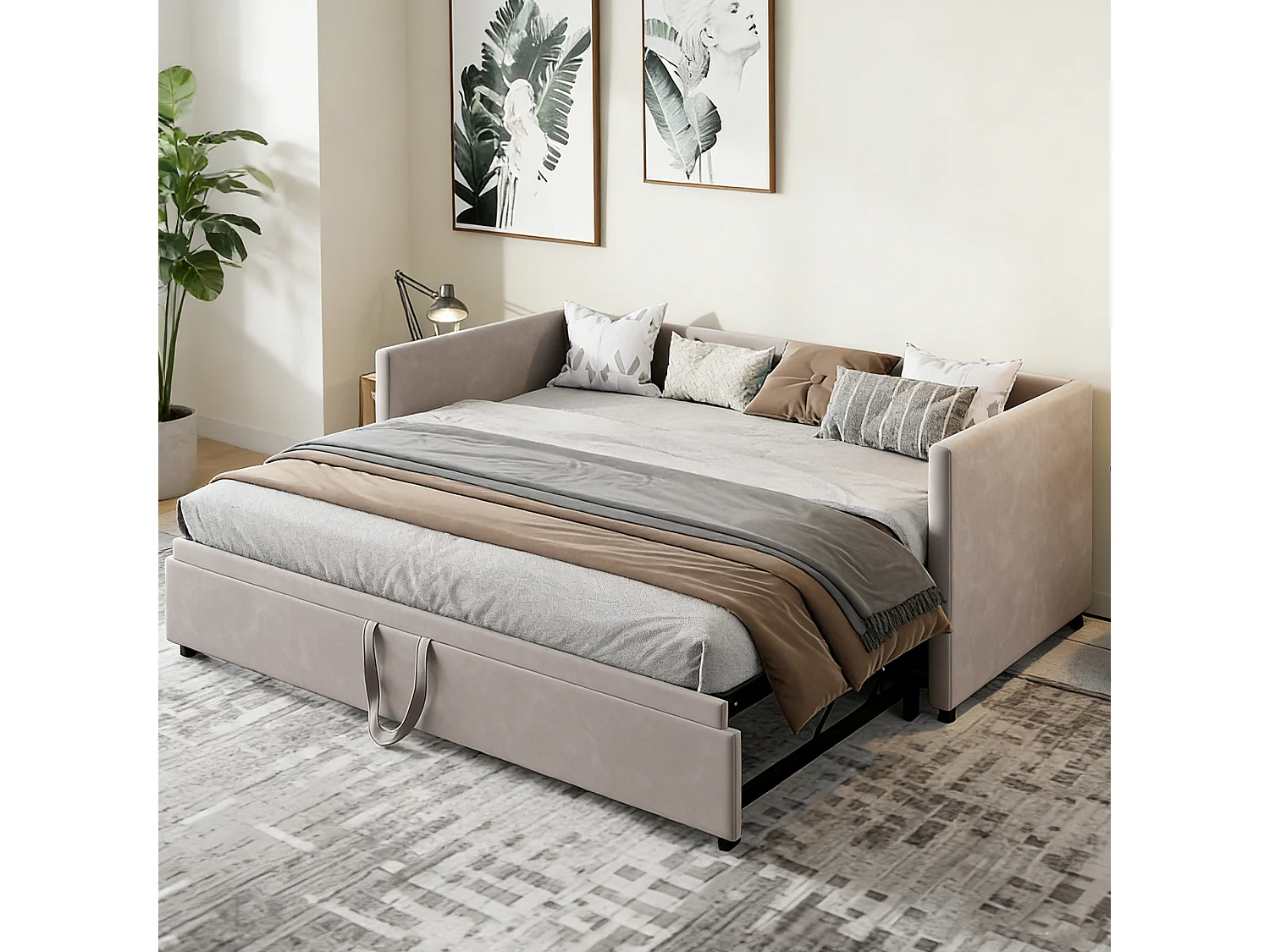 Lit gigogne capitonné 90/180 x 190 cm - avec sommier à lattes - Canapé-lit gigogne en tissu velours - gris