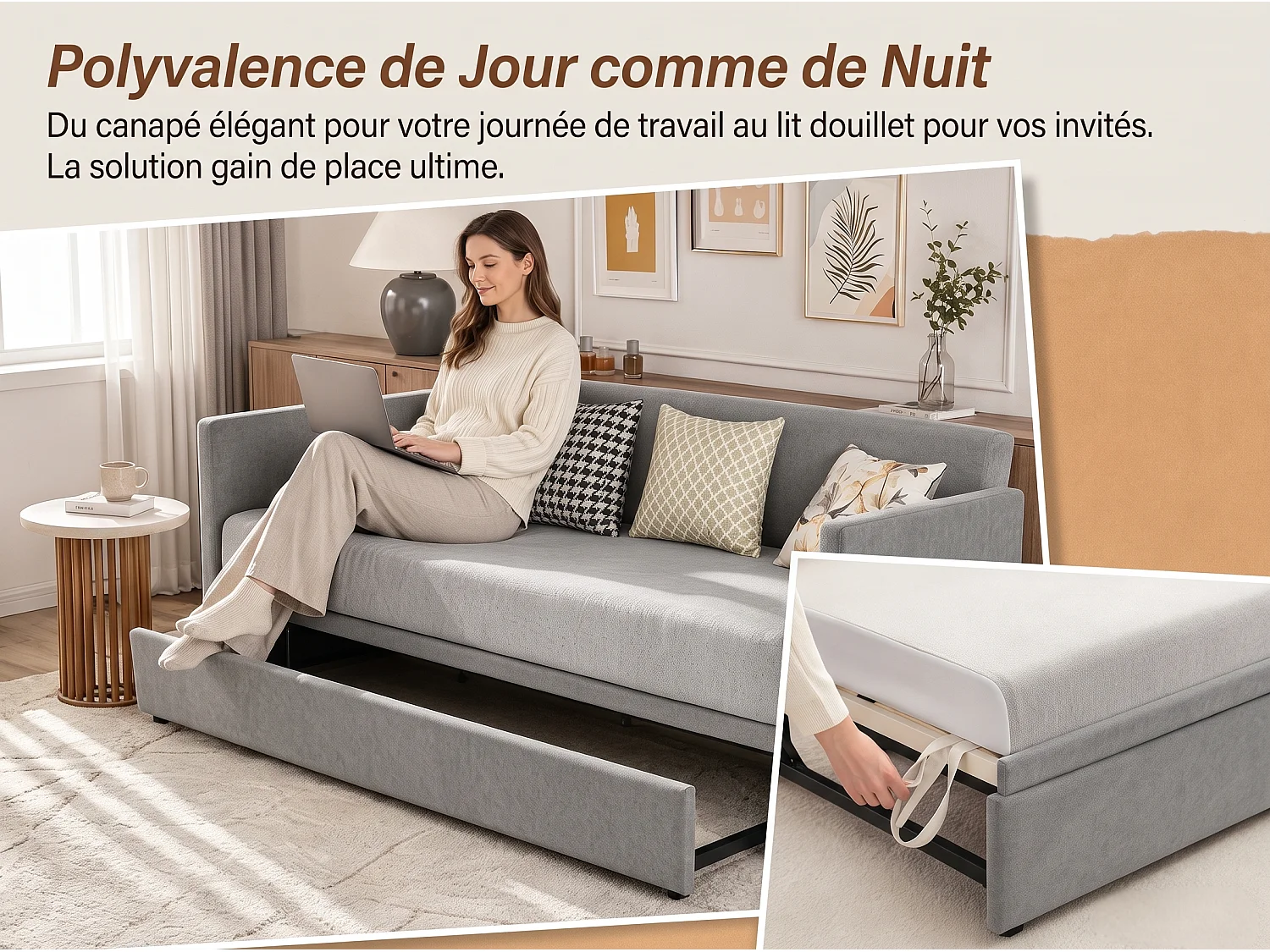Lit gigogne capitonné 90/180x190 cm avec couchage extensible, sommier à lattes et revêtement en velours gris