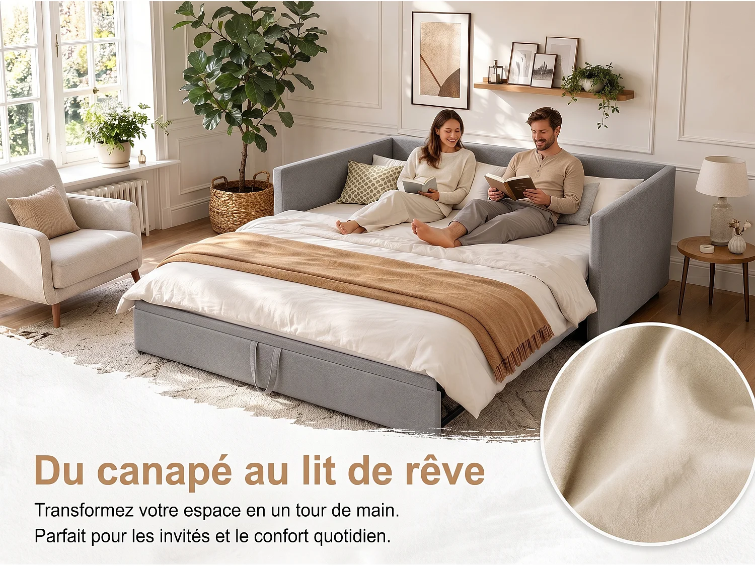 Lit gigogne capitonné 90/180x190 cm avec couchage extensible, sommier à lattes et revêtement en velours gris