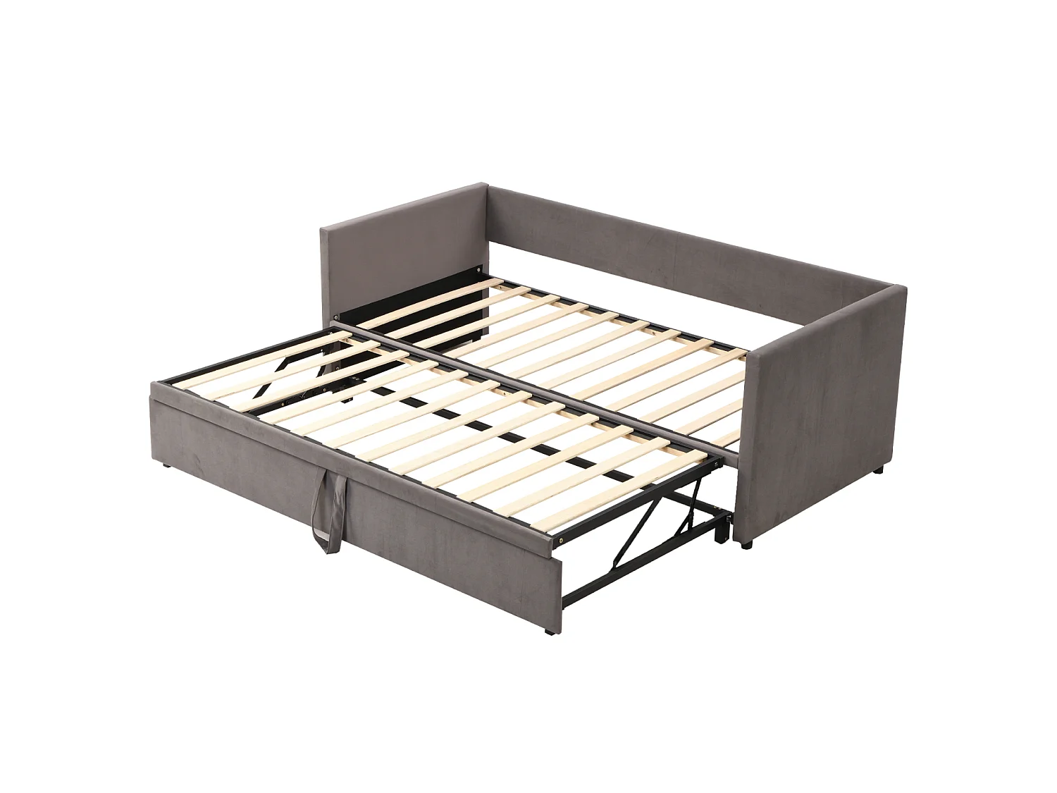 Lit gigogne capitonné 90/180x190 cm avec couchage extensible, sommier à lattes et revêtement en velours gris