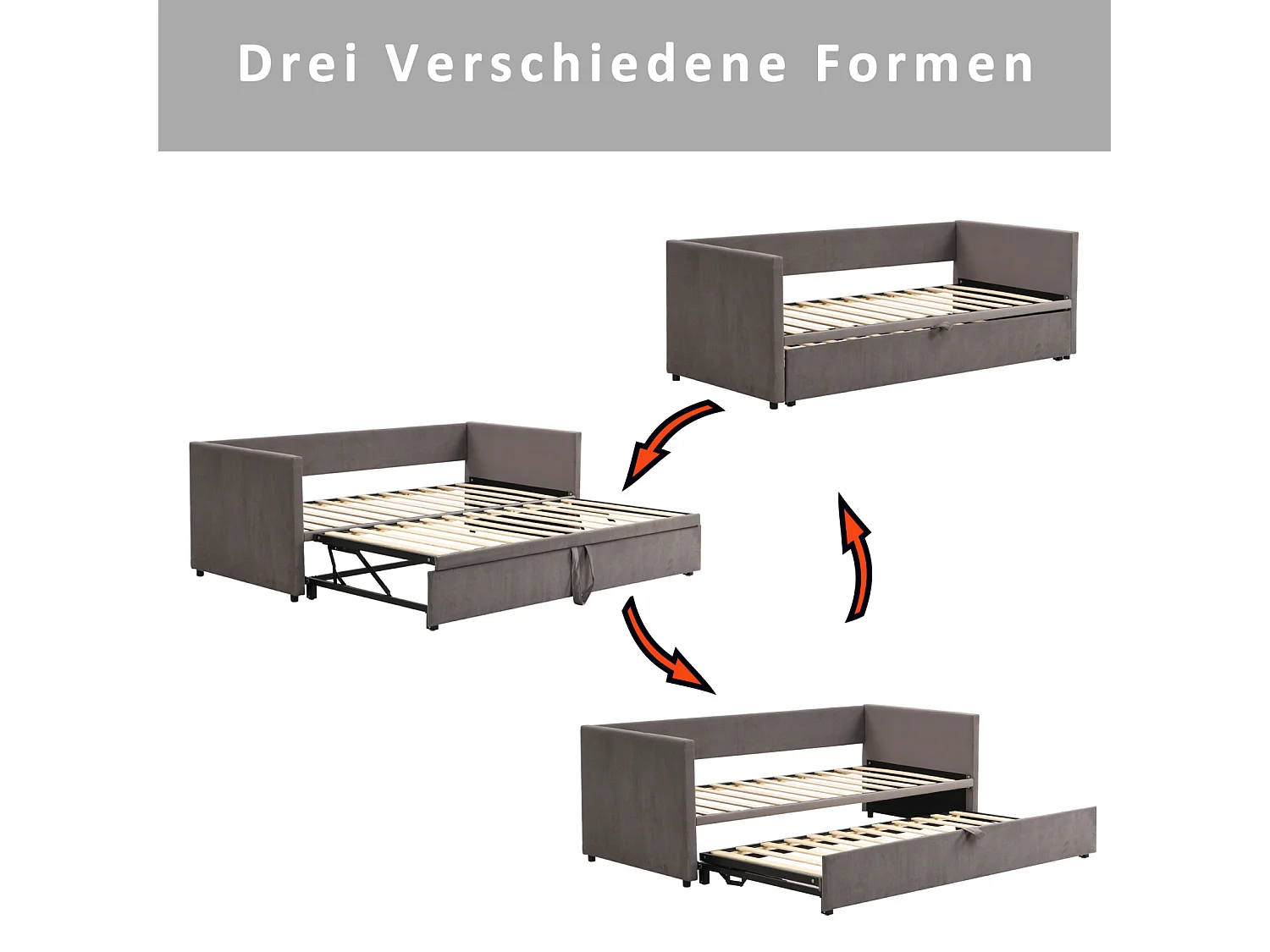 Lit gigogne capitonné 90/180x190 cm avec couchage extensible, sommier à lattes et revêtement en velours gris