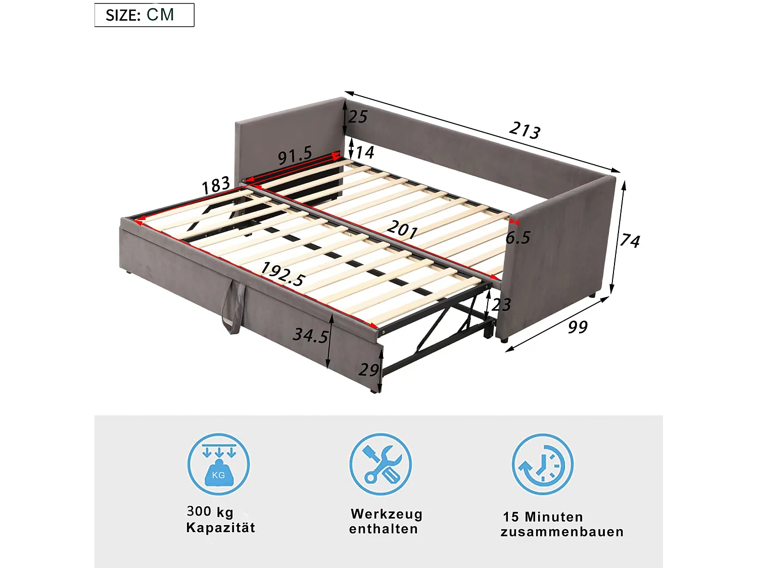Lit gigogne capitonné 90/180x190 cm avec couchage extensible, sommier à lattes et revêtement en velours gris
