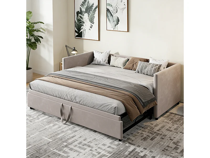 Lit gigogne capitonné 90/180 x 190 cm - avec sommier à lattes - Canapé-lit gigogne en tissu velours - gris