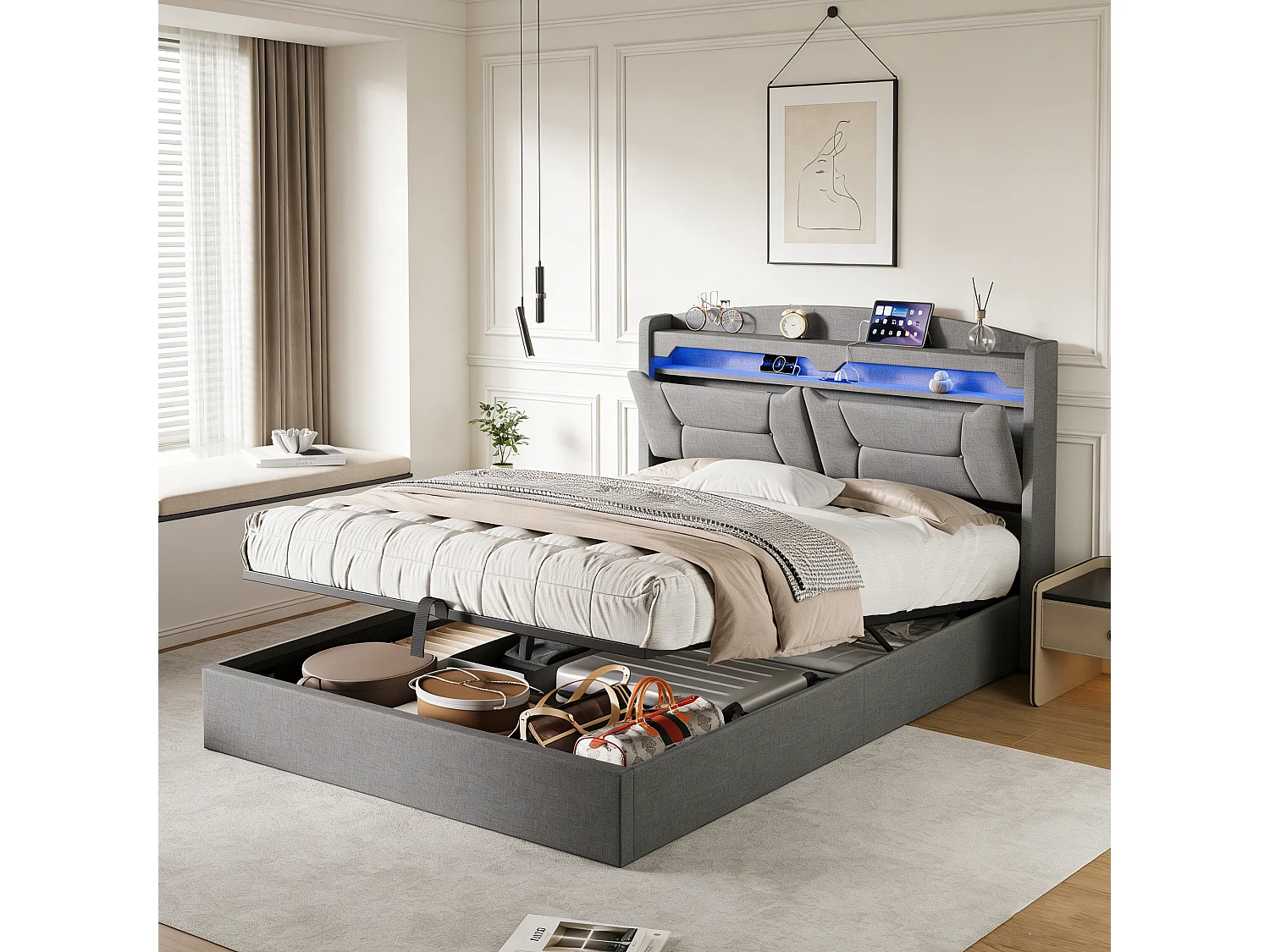 lit adulte 140x190 cm coffre rangement, lit double140x190 cm avec sommier à lattes soldes, LED et USB, cadre de lit 140x190 tissu en lin, gris