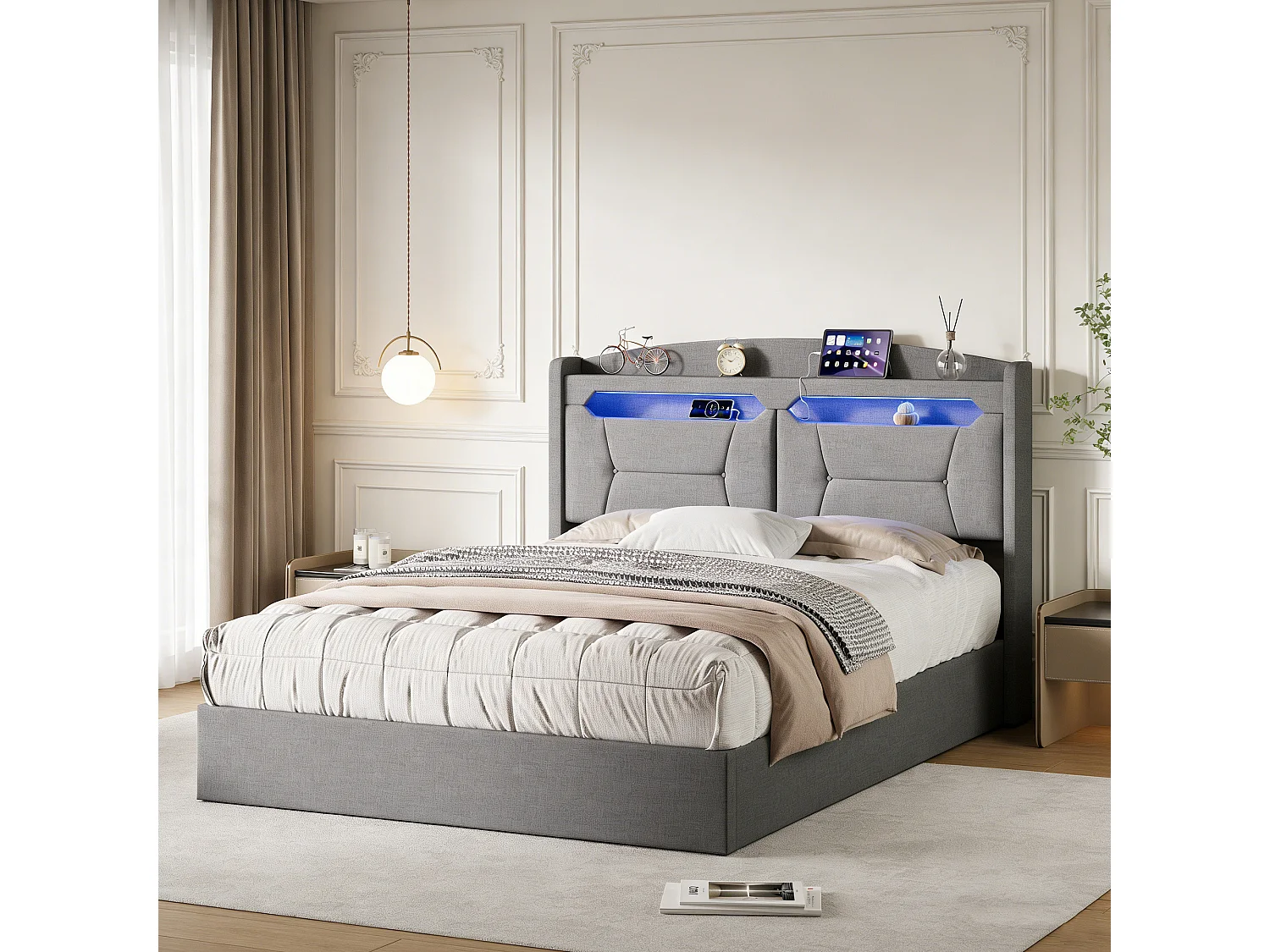 Lit coffre adulte 140x190 cm avec sommier à lattes, rangement, LED et USB, tissu lin gris