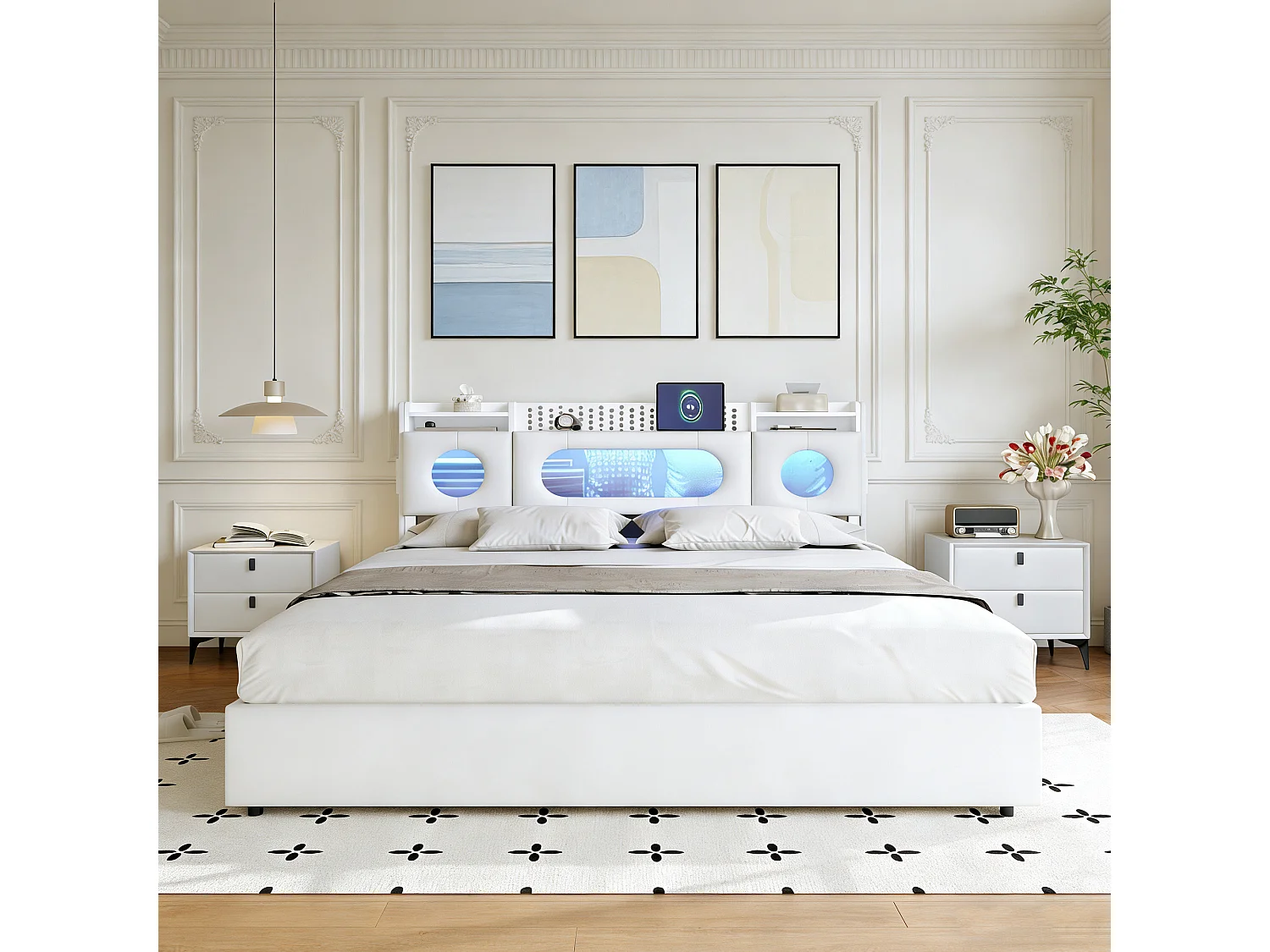 Lit adulte 140x200 coffre  - USB et Type C - lit double 140x200 cm avec sommier à latte - LED - style scandinave - blanc- rangement dissimulé à la tête du lit