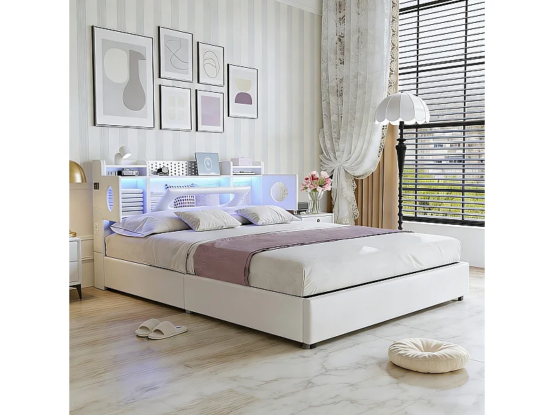 Lit adulte 140x200 coffre  - USB et Type C - lit double 140x200 cm avec sommier à latte - LED - style scandinave - blanc- rangement dissimulé à la tête du lit