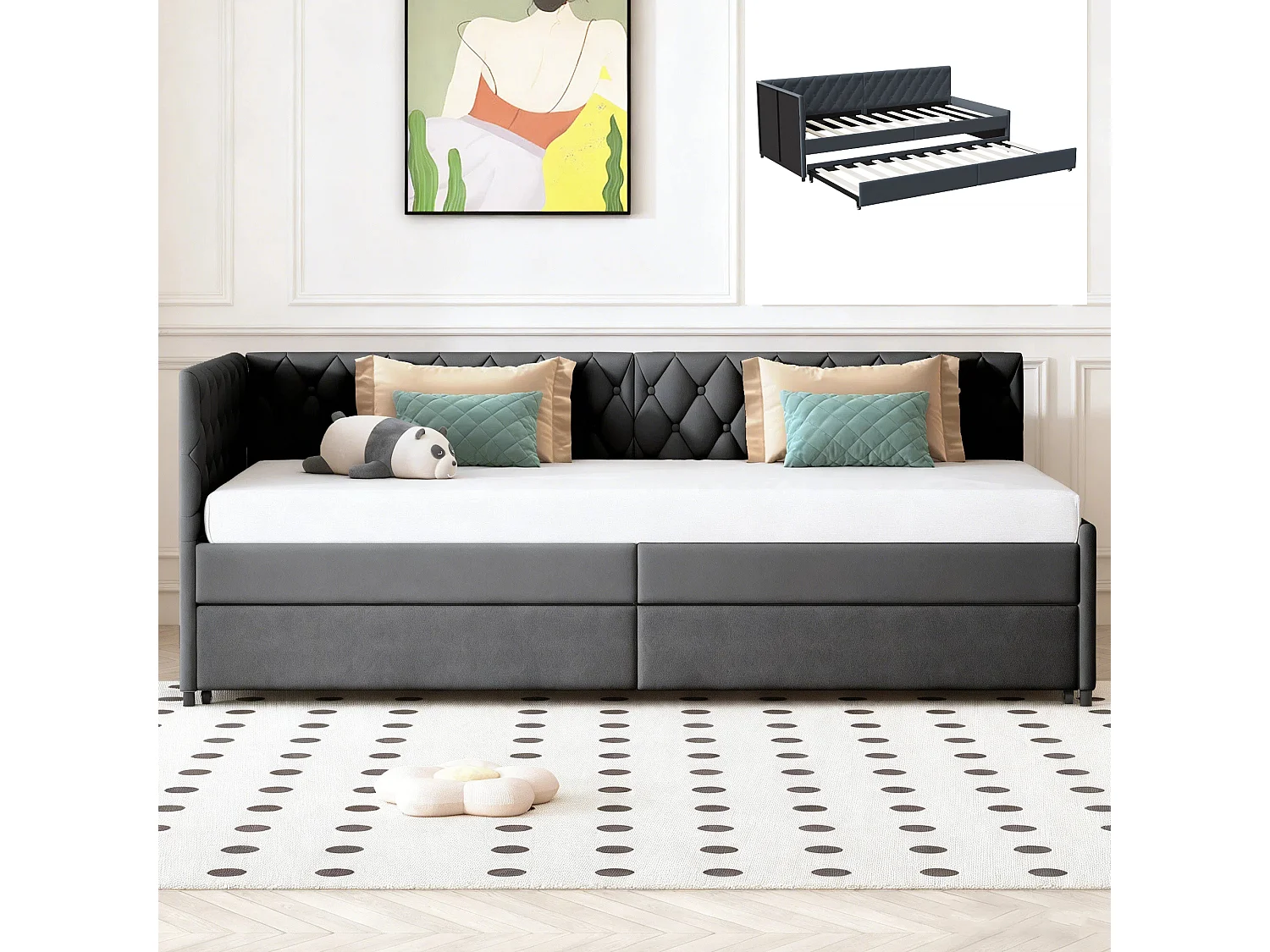 Lit gigogne banquette 90 x 200 cm - canapé-lit extensible en velours - avec sommier à lattes - matelassé  - gris