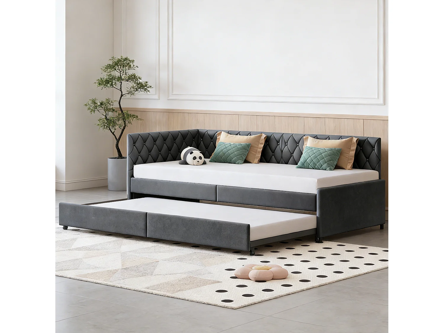 Lit gigogne banquette 90 x 200 cm - canapé-lit extensible en velours - avec sommier à lattes - matelassé  - gris