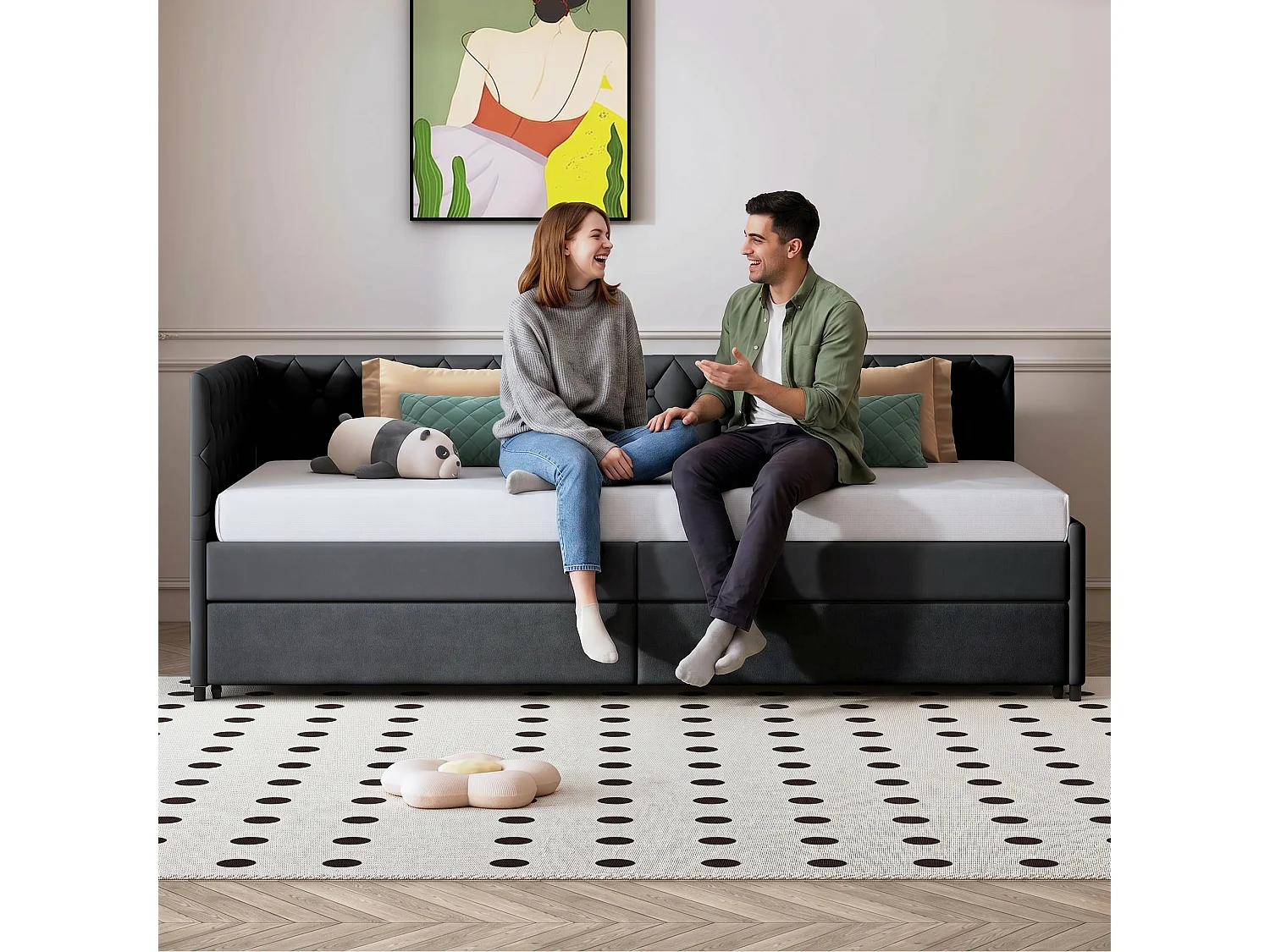 Daybed 90 x 200 cm met uitschuifbed - uitschuifbare fluwelen slaapbank - met lattenbodem - gewatteerd - grijs