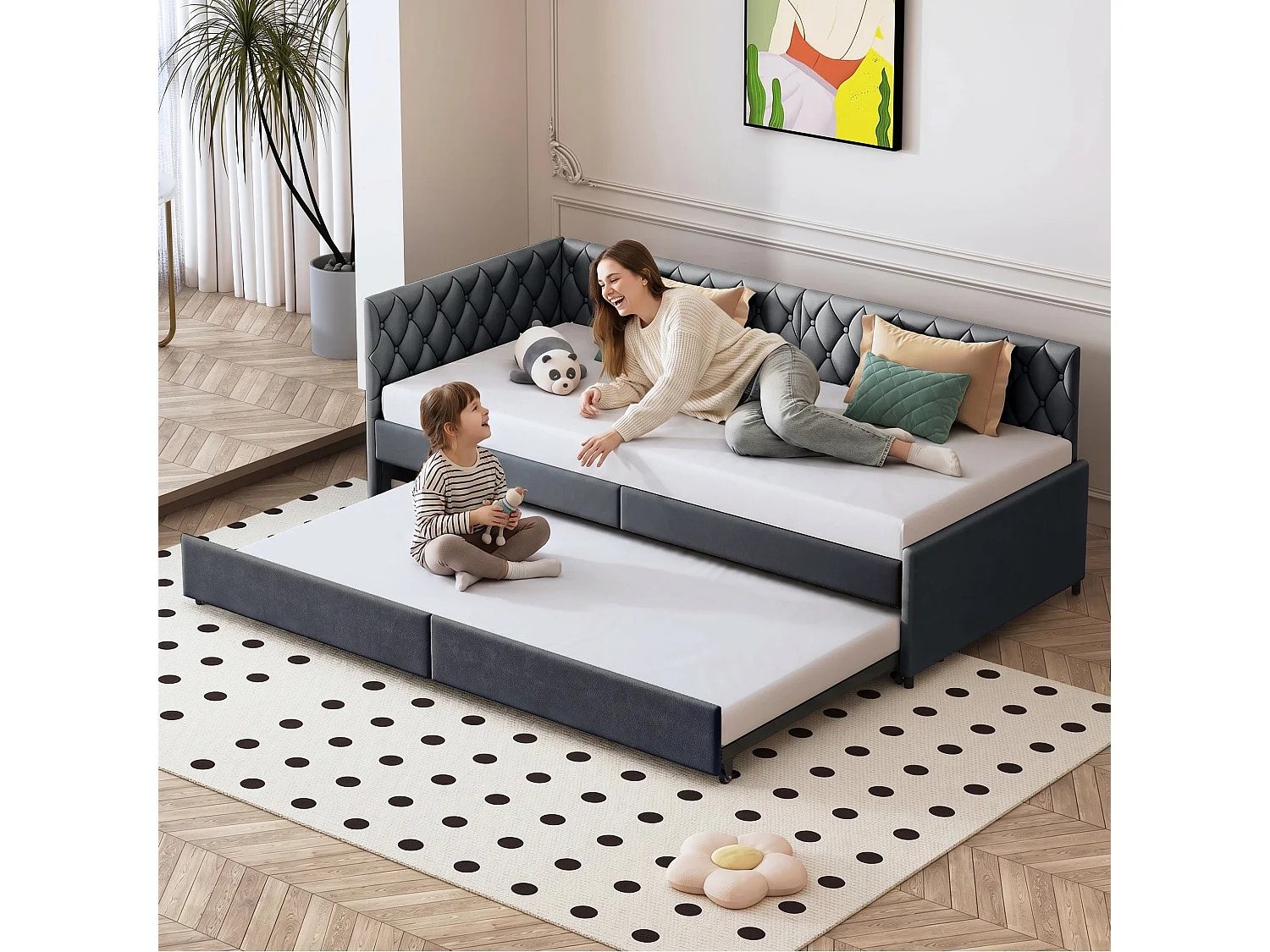 Daybed 90 x 200 cm met uitschuifbed - uitschuifbare fluwelen slaapbank - met lattenbodem - gewatteerd - grijs