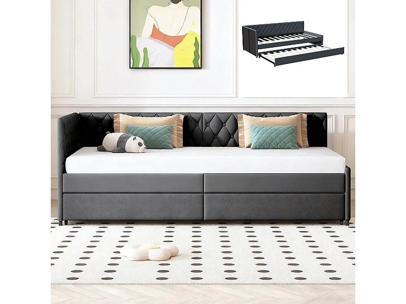 Lit gigogne banquette 90 x 200 cm - canapé-lit extensible en velours - avec sommier à lattes - matelassé  - gris