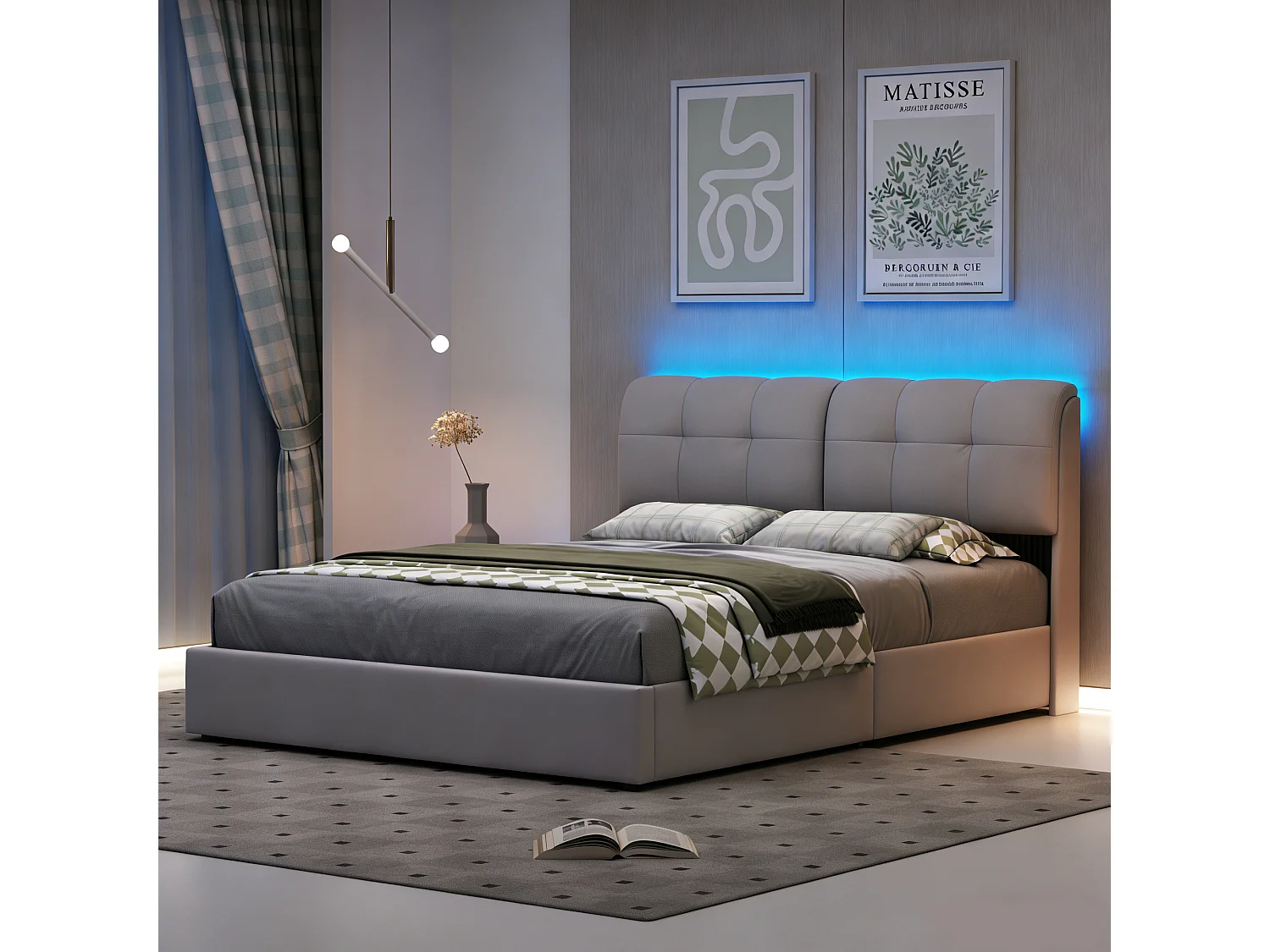 Lit coffre 140x200 cm avec LED, lit adulte avec sommier à latte, lit double 140x200 tissu velours, style cream et scandinave, blanc cassé