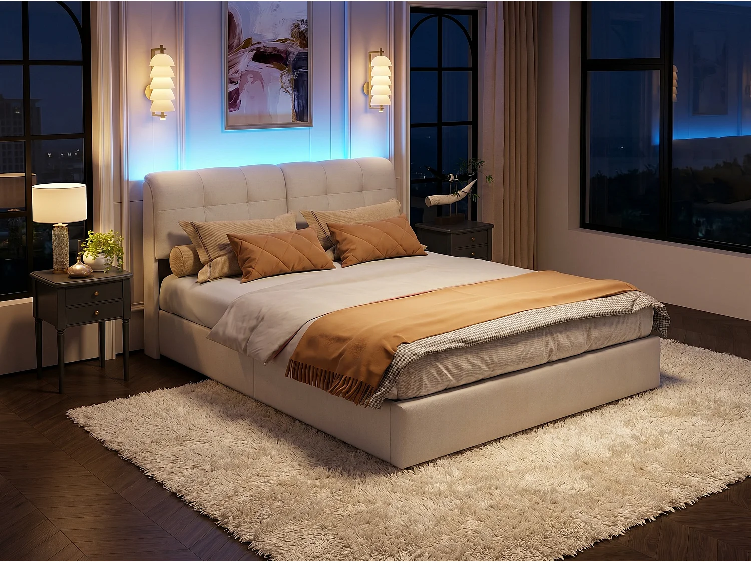Lit coffre 140x200 cm avec LED et sommier à lattes, lit double adulte en velours blanc cassé, style scandinave