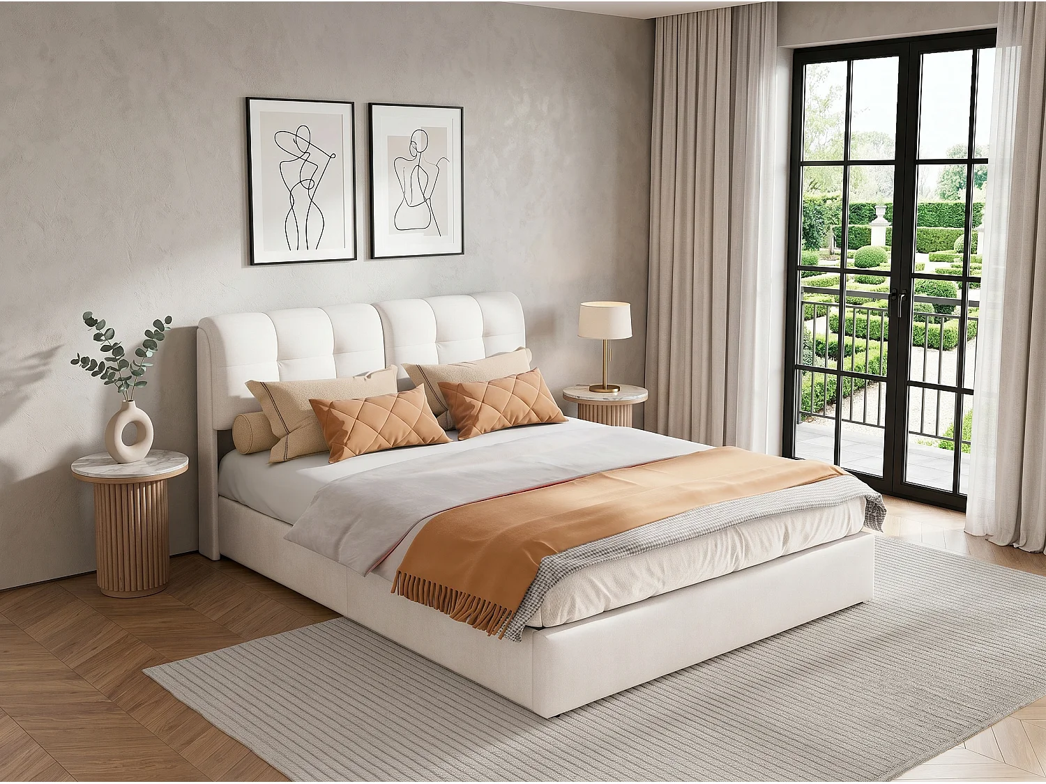 Lit coffre 140x200 cm avec LED et sommier à lattes, lit double adulte en velours blanc cassé, style scandinave