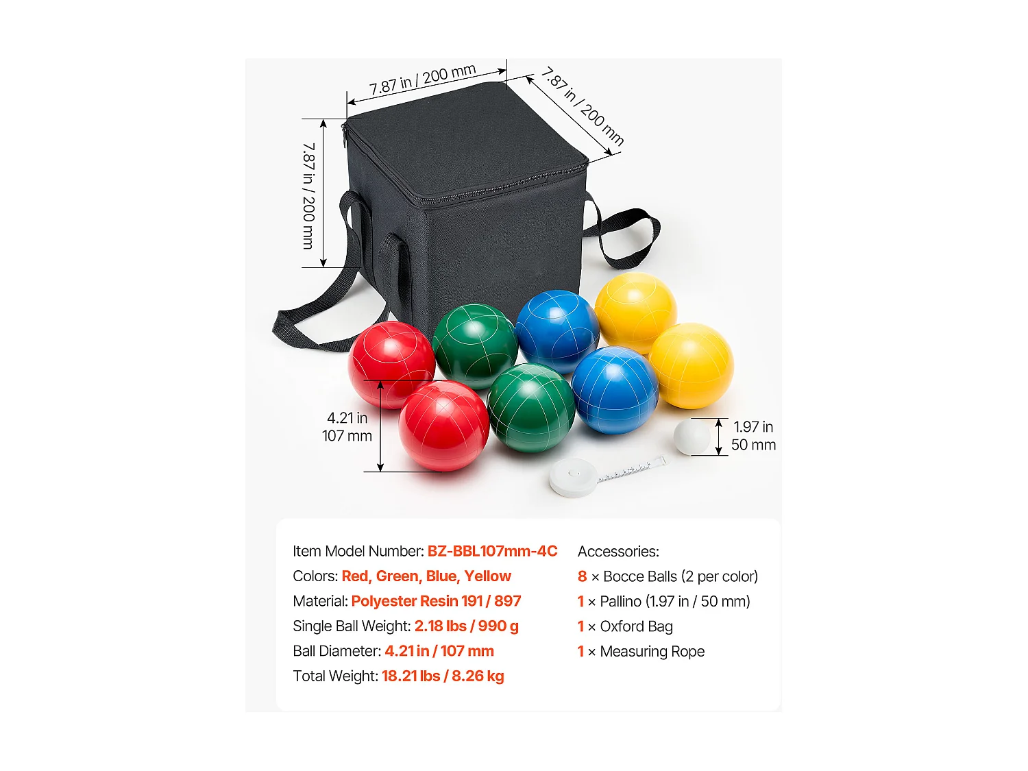 Kit di Bocce SucceBuy 8 Bole in Resina 10.7 cm e Pallino, Gioco di Bocce 4 Colori Rosso/Verde/Blu/Giallo, Gioco di Petanque con Borsa da Trasporto