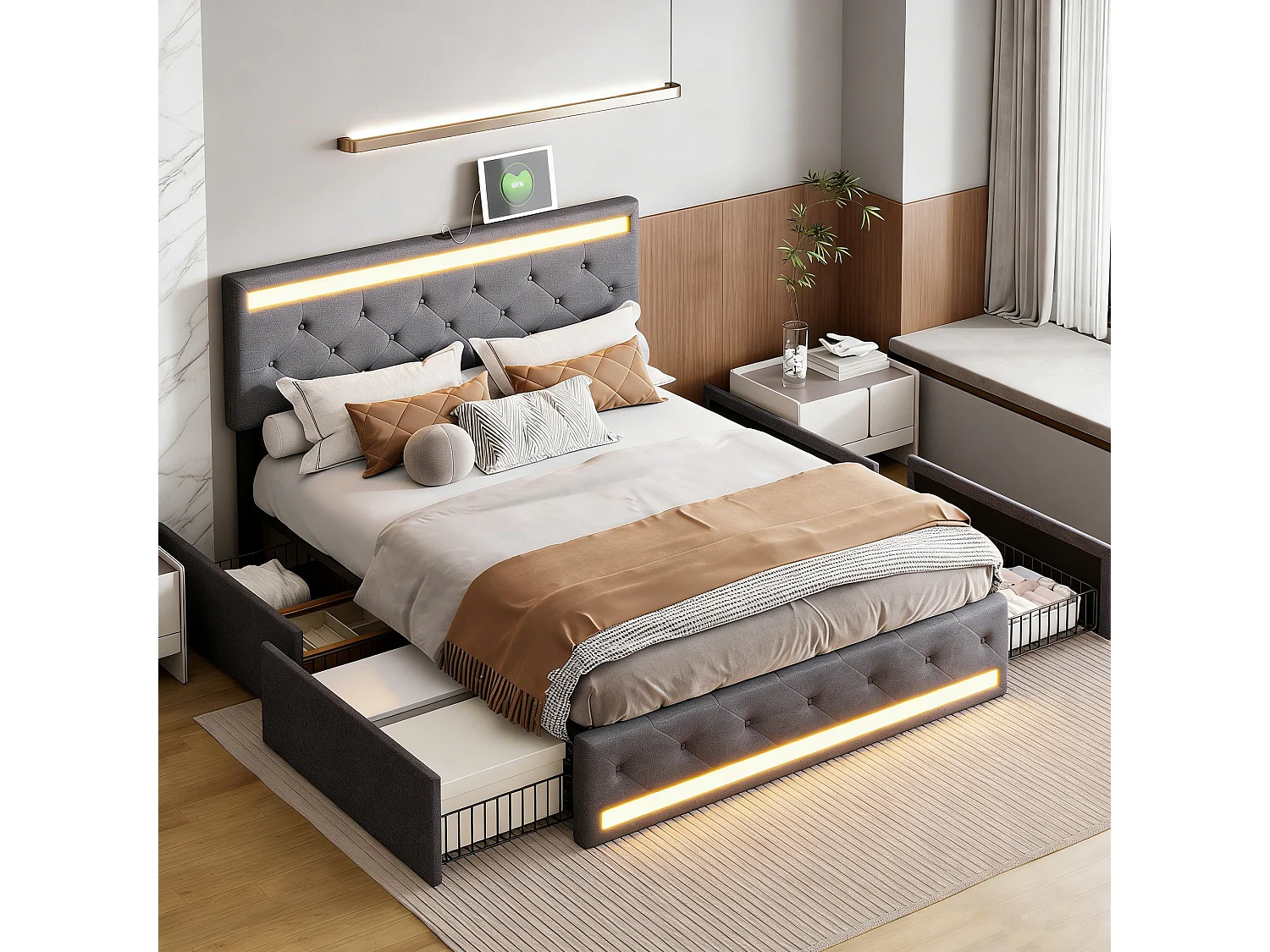 Lit 160x200 cm avec sommier à lattes, lit tiroir 4 avec led et usb, lit moderne Matelassé et Boutons, tête de lit réglable, lin, gris