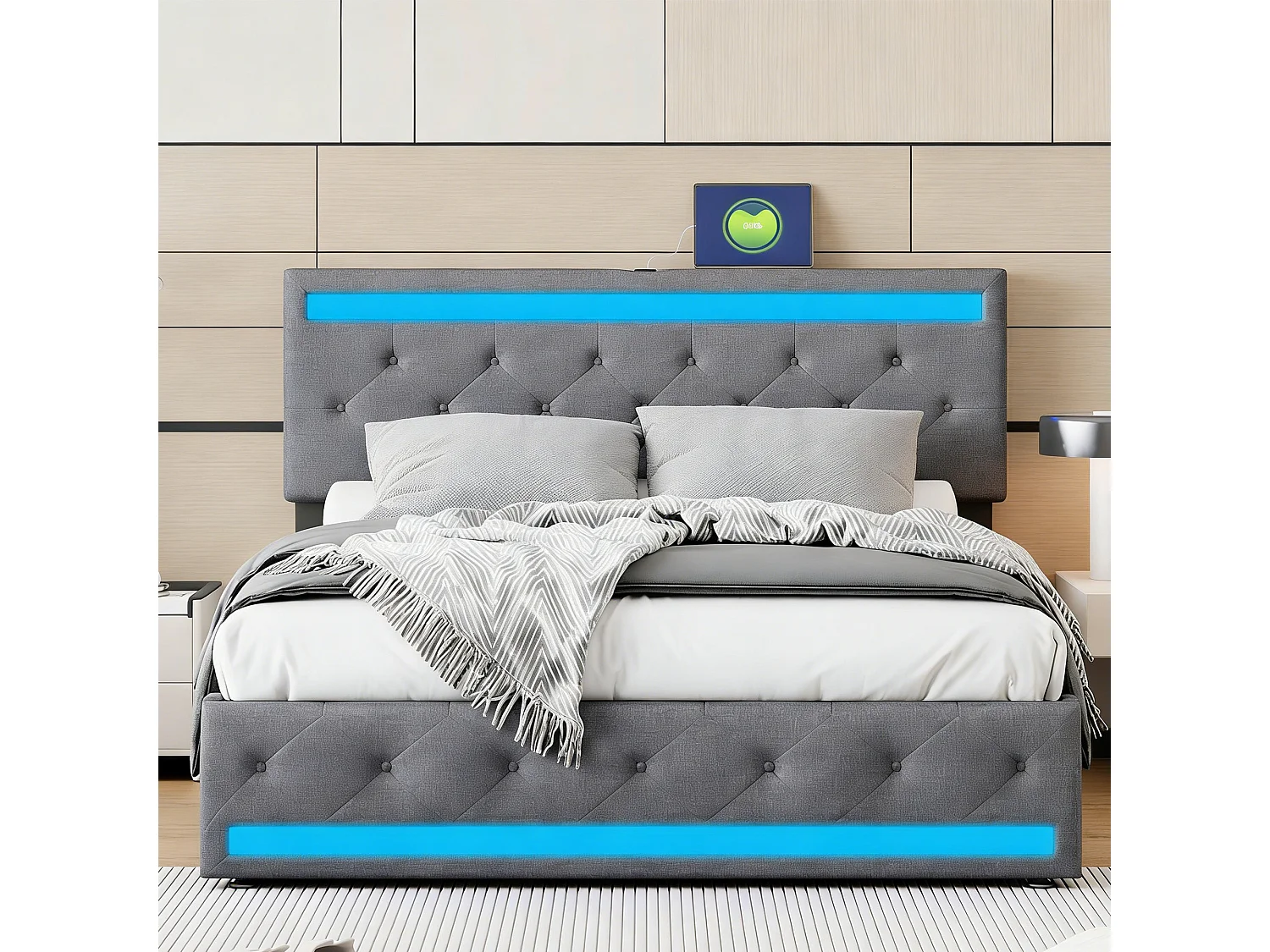 Lit 160x200 cm avec sommier à lattes, lit tiroir 4 avec led et usb, lit moderne Matelassé et Boutons, tête de lit réglable, lin, gris