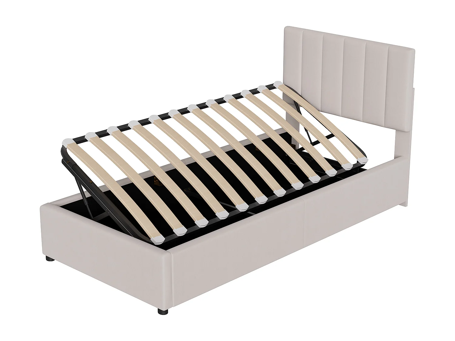 Lit coffre 90 x 200 cm avec sommier à lattes - Lit enfent 90x200 cm Tête de lit réglable et capitonné  - rayures verticales - tissu lin - biege