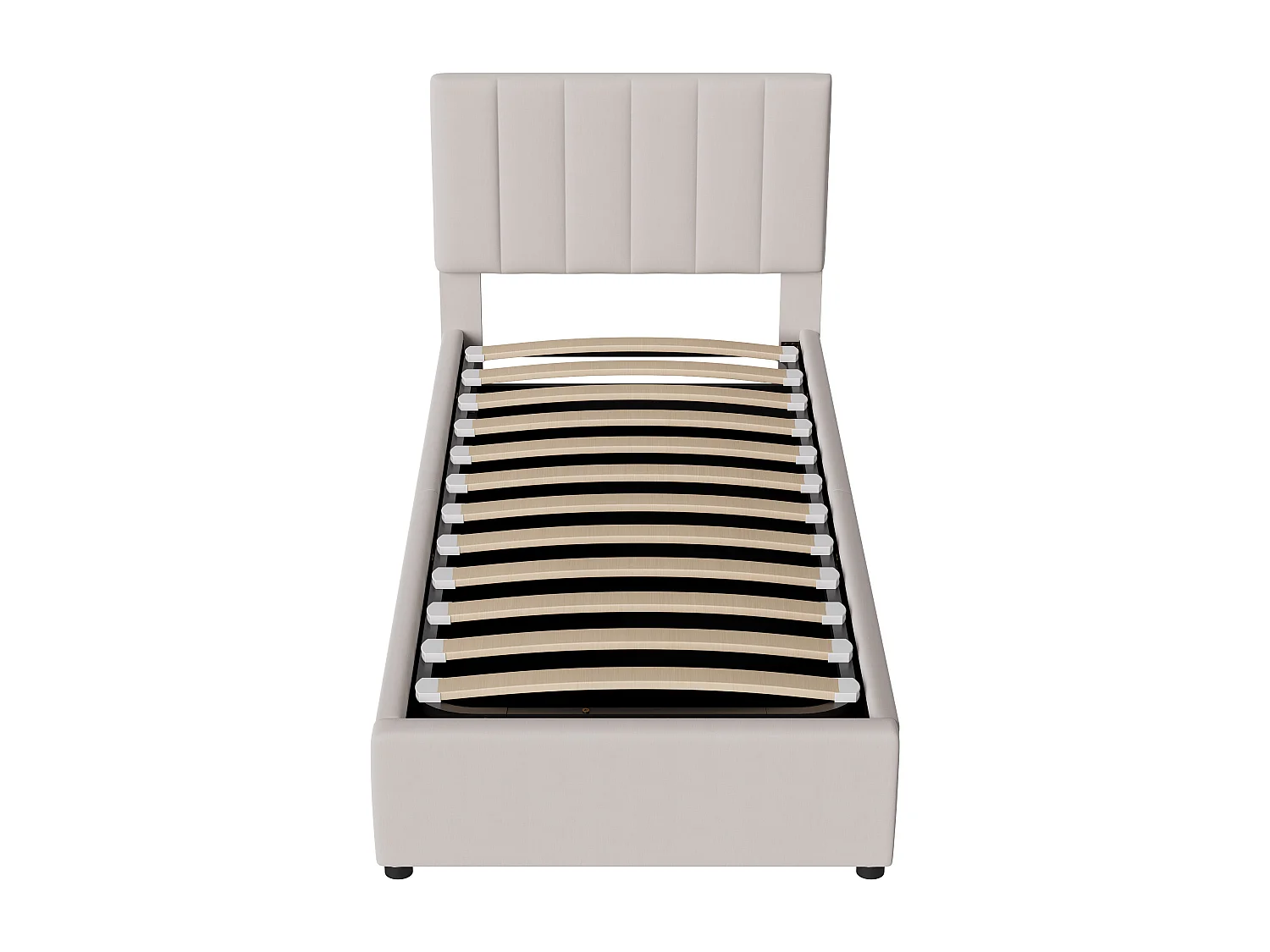 Lit coffre 90 x 200 cm avec sommier à lattes - Lit enfent 90x200 cm Tête de lit réglable et capitonné  - rayures verticales - tissu lin - biege