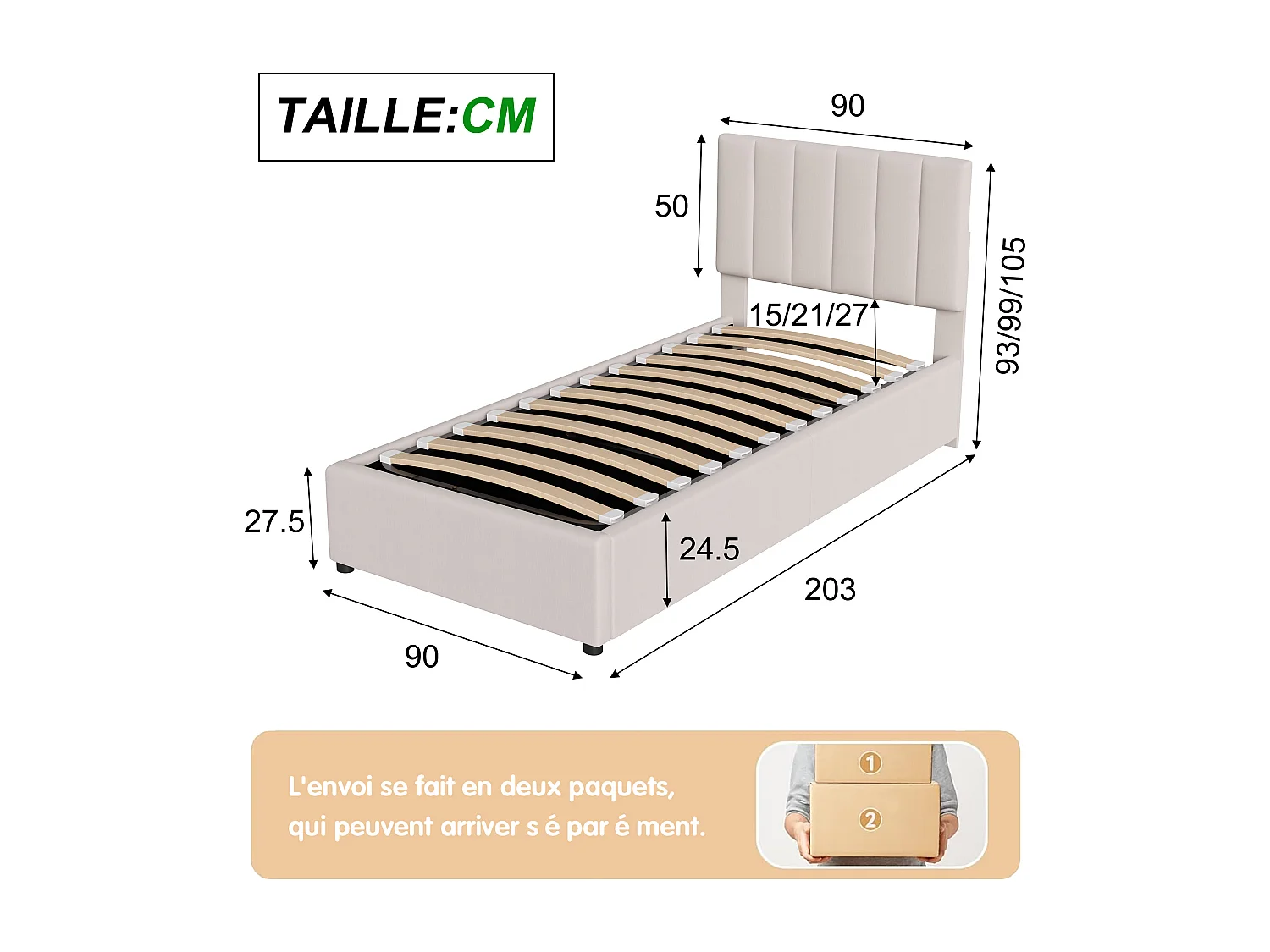 Lit coffre 90 x 200 cm avec sommier à lattes - Lit enfent 90x200 cm Tête de lit réglable et capitonné  - rayures verticales - tissu lin - biege