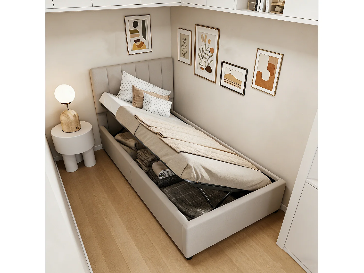 Lit coffre enfant 90x200 cm avec sommier à lattes, tête de lit capitonnée réglable, tissu lin beige à rayures verticales