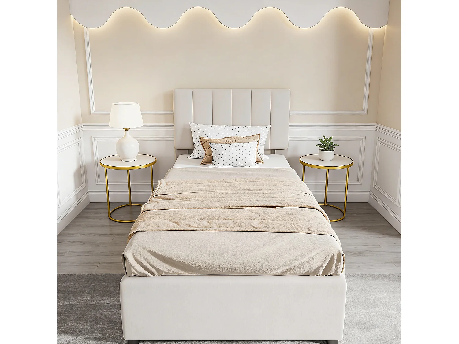 Lit coffre enfant 90x200 cm avec sommier à lattes, tête de lit capitonnée réglable, tissu lin beige à rayures verticales