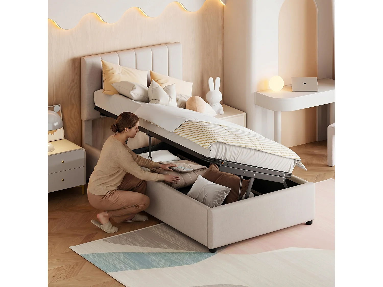 Lit coffre enfant 90x200 cm avec sommier à lattes, tête de lit capitonnée réglable, tissu lin beige à rayures verticales