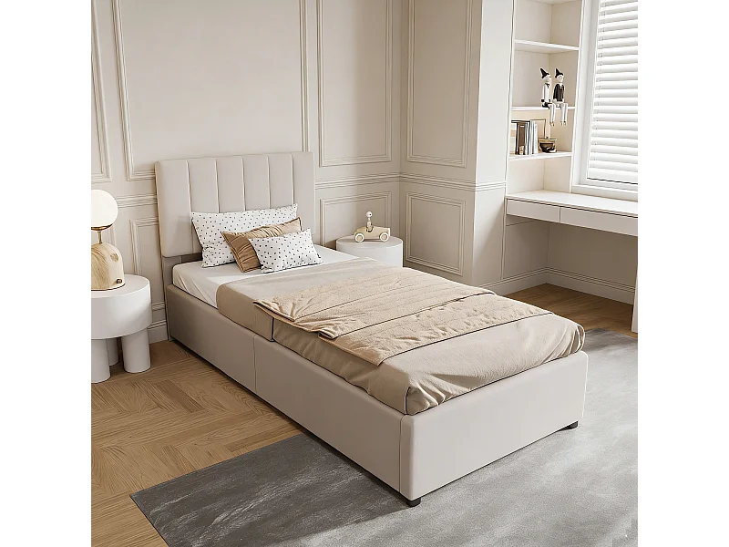 Lit coffre 90 x 200 cm avec sommier à lattes - Lit enfent 90x200 cm Tête de lit réglable et capitonné  - rayures verticales - tissu lin - biege