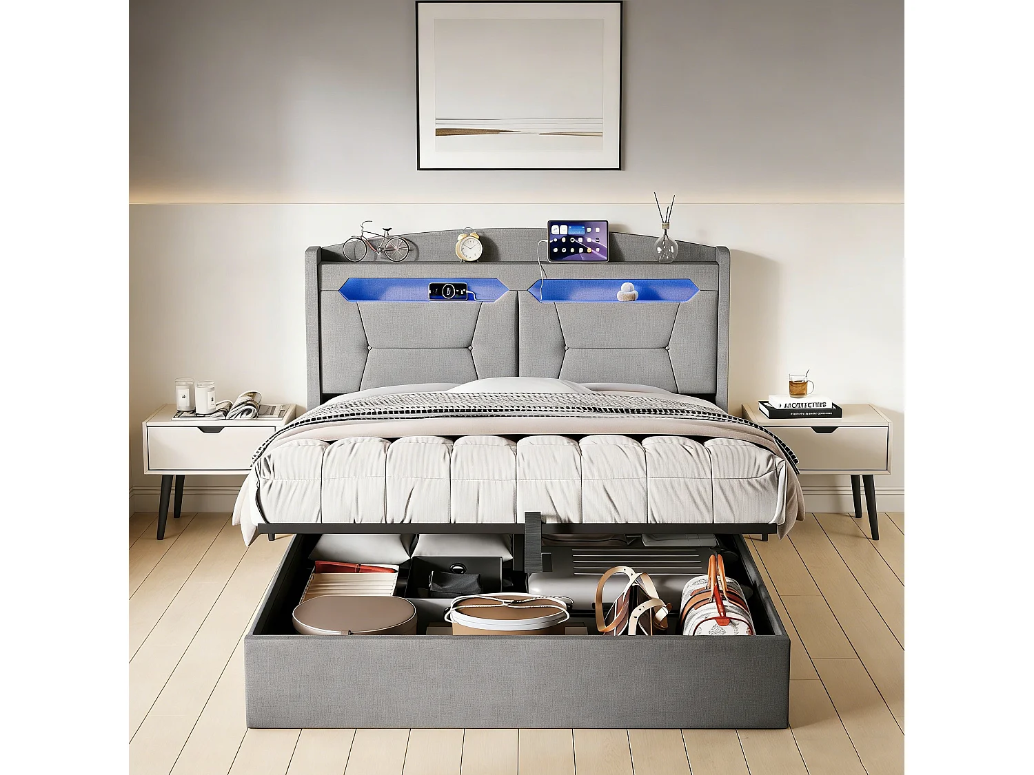 lit adulte 140x200 cm coffre rangement, lit double140x200 cm avec sommier à lattes soldes, LED et USB, cadre de lit 140x200 tissu en lin, gris