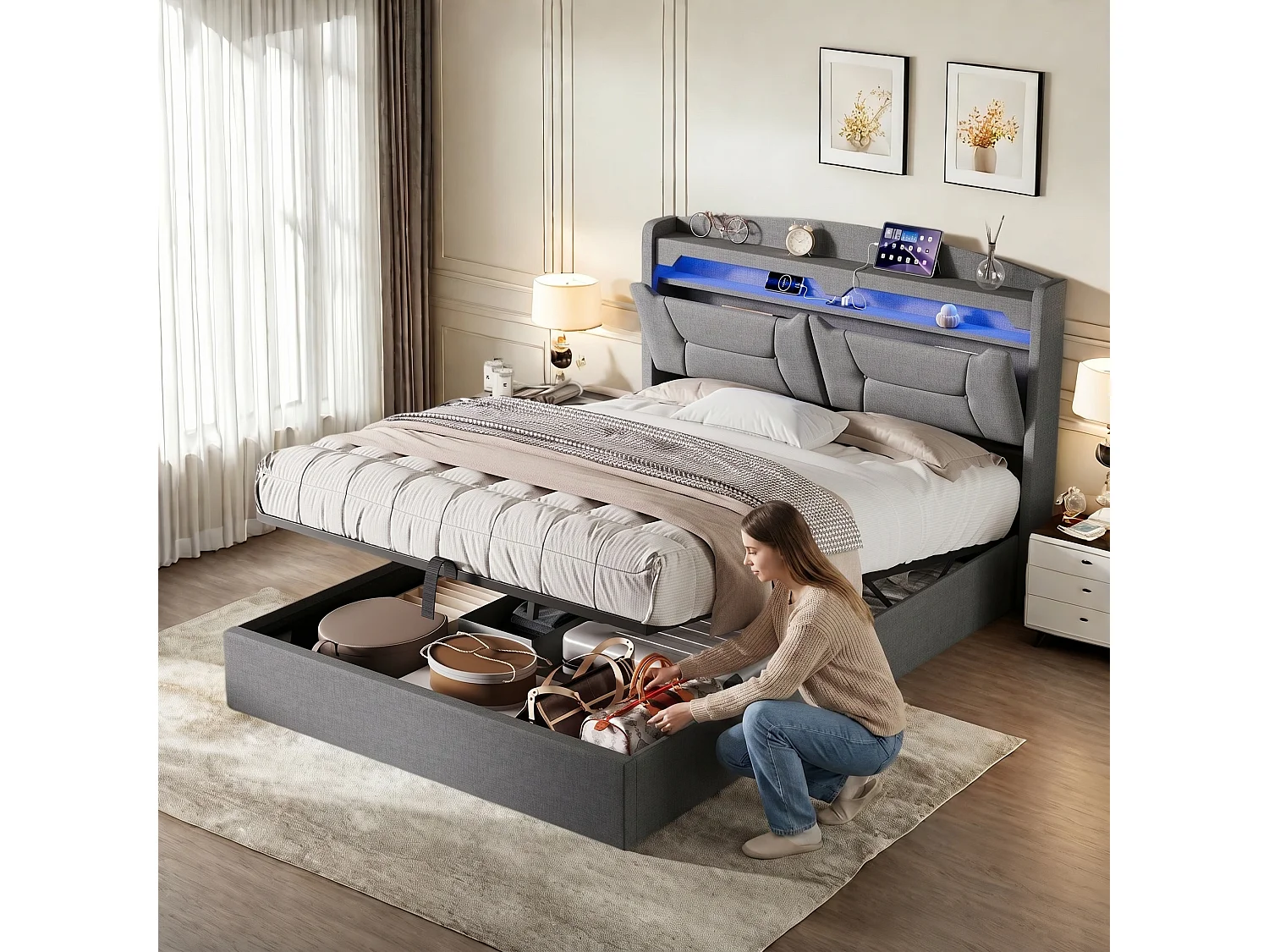 Lit coffre 140 x 200 cm - Lit double adulte avec sommier à lattes, rangement, LED et port USB - tissu effet lin gris