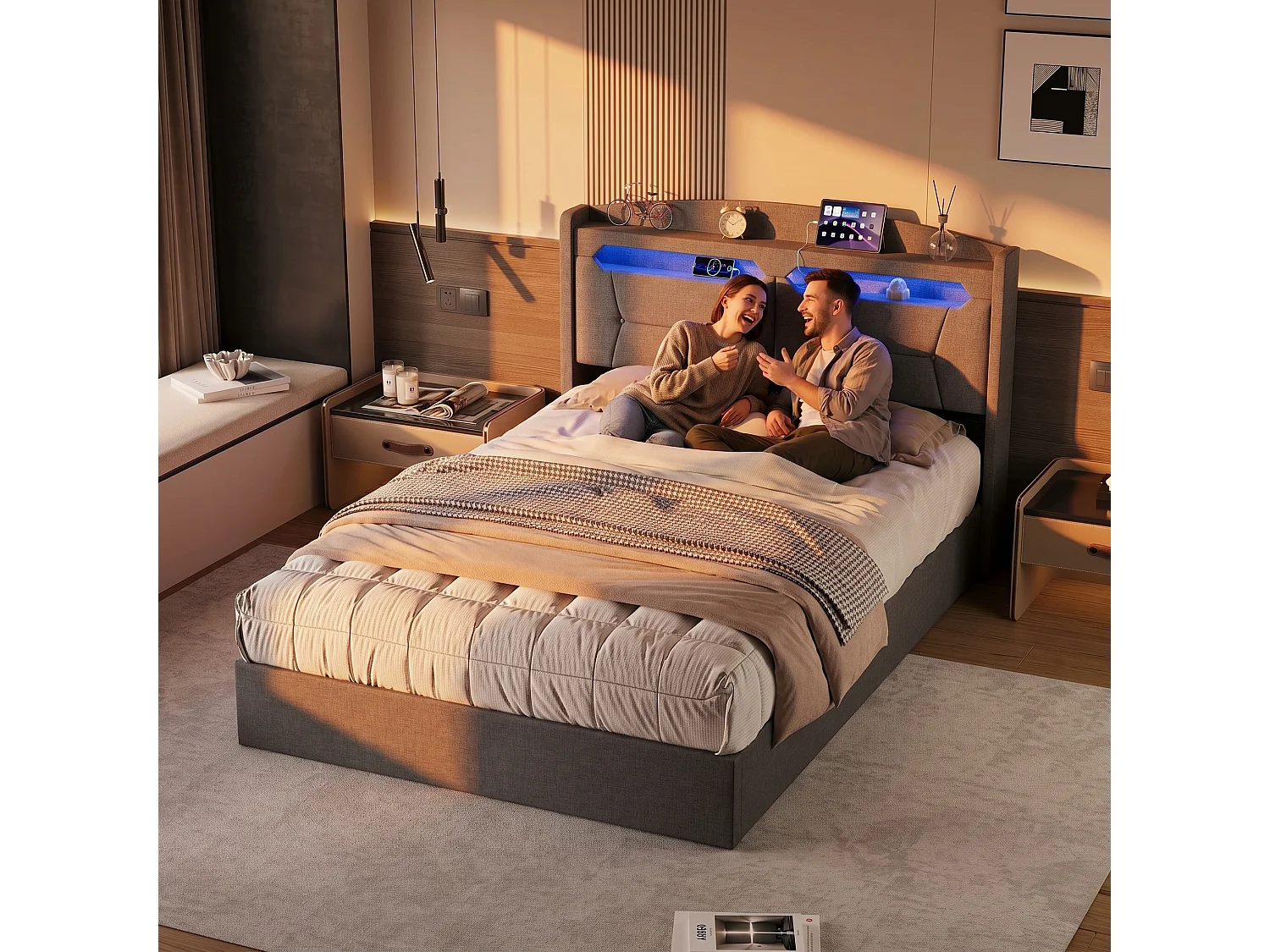 Lit coffre 140 x 200 cm - Lit double adulte avec sommier à lattes, rangement, LED et port USB - tissu effet lin gris
