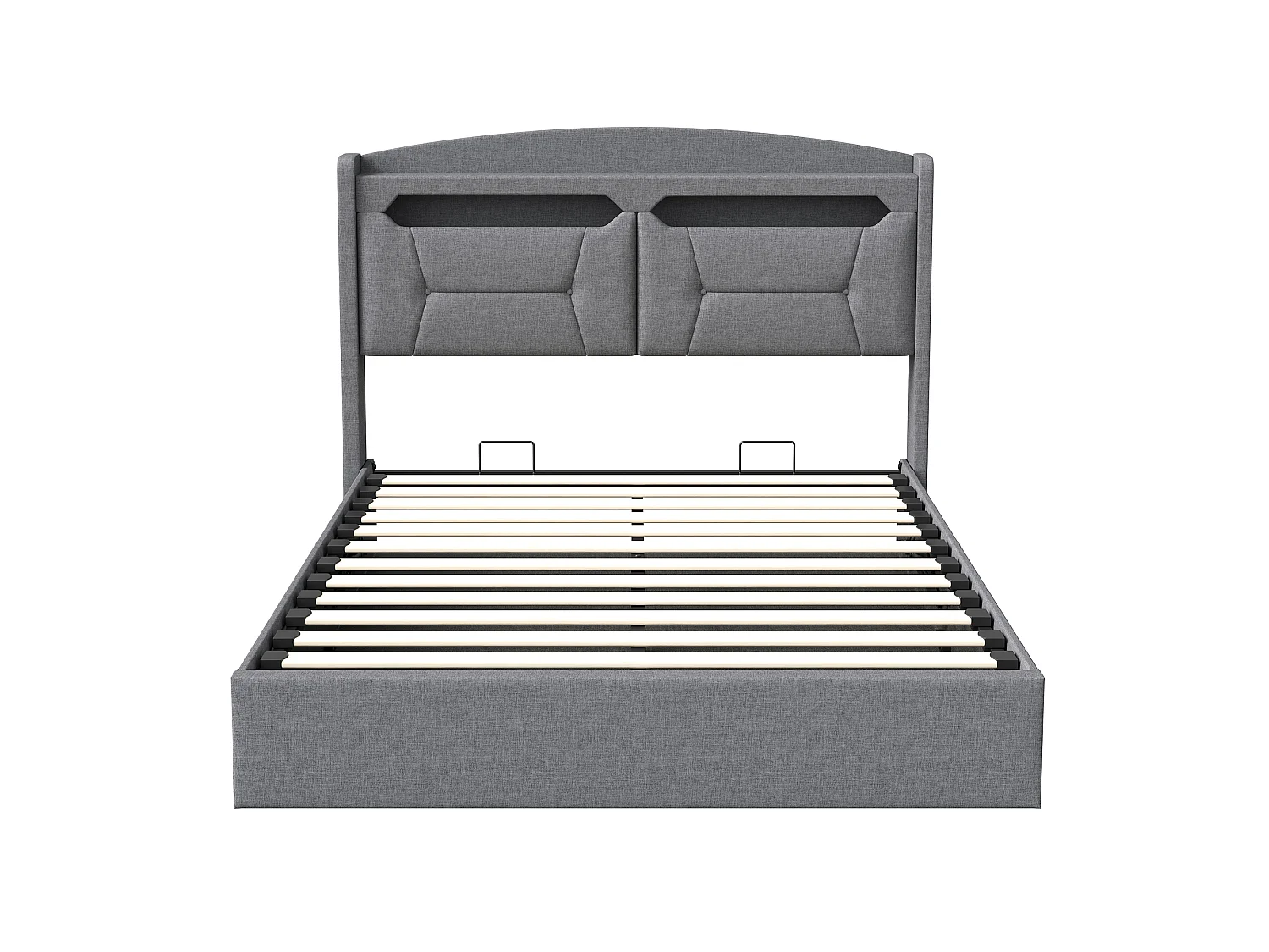 Lit coffre 140 x 200 cm - Lit double adulte avec sommier à lattes, rangement, LED et port USB - tissu effet lin gris