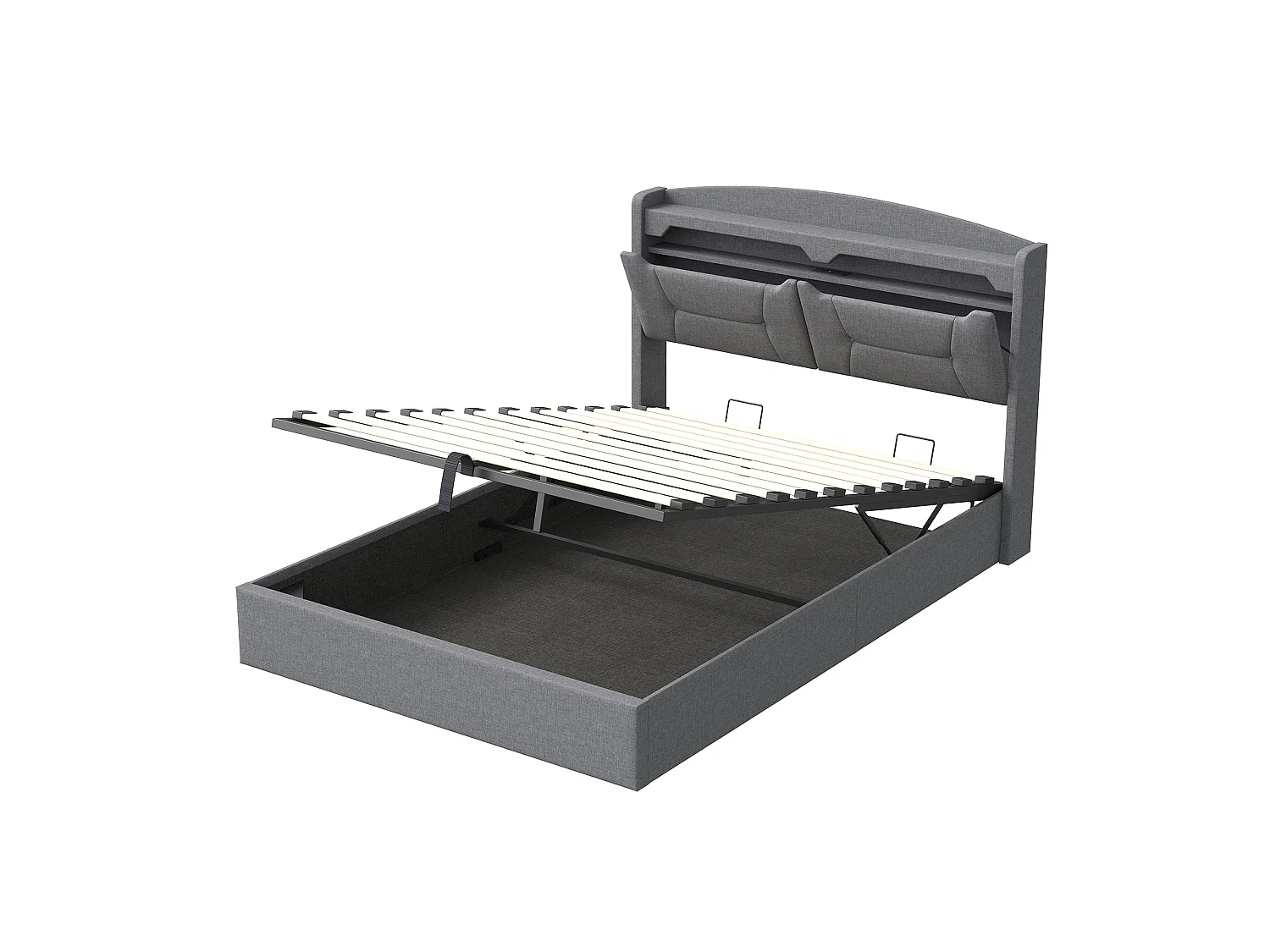 Lit coffre 140 x 200 cm - Lit double adulte avec sommier à lattes, rangement, LED et port USB - tissu effet lin gris