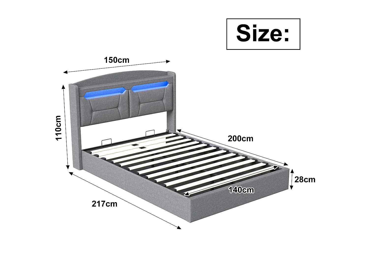 Lit coffre 140 x 200 cm - Lit double adulte avec sommier à lattes, rangement, LED et port USB - tissu effet lin gris