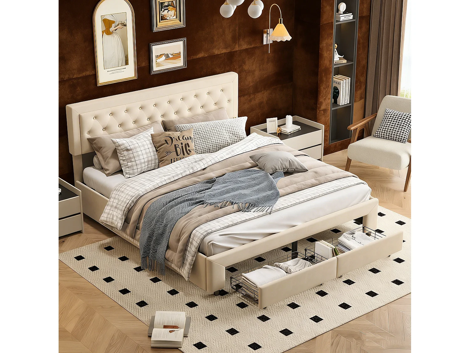 lit King Size 180x200 cm avec coffre et tiroir - Sommier à Lattes en Bois Massif - Cadre en Acier Renforcé - lit adulte 180x200 cm tissu velours - biege