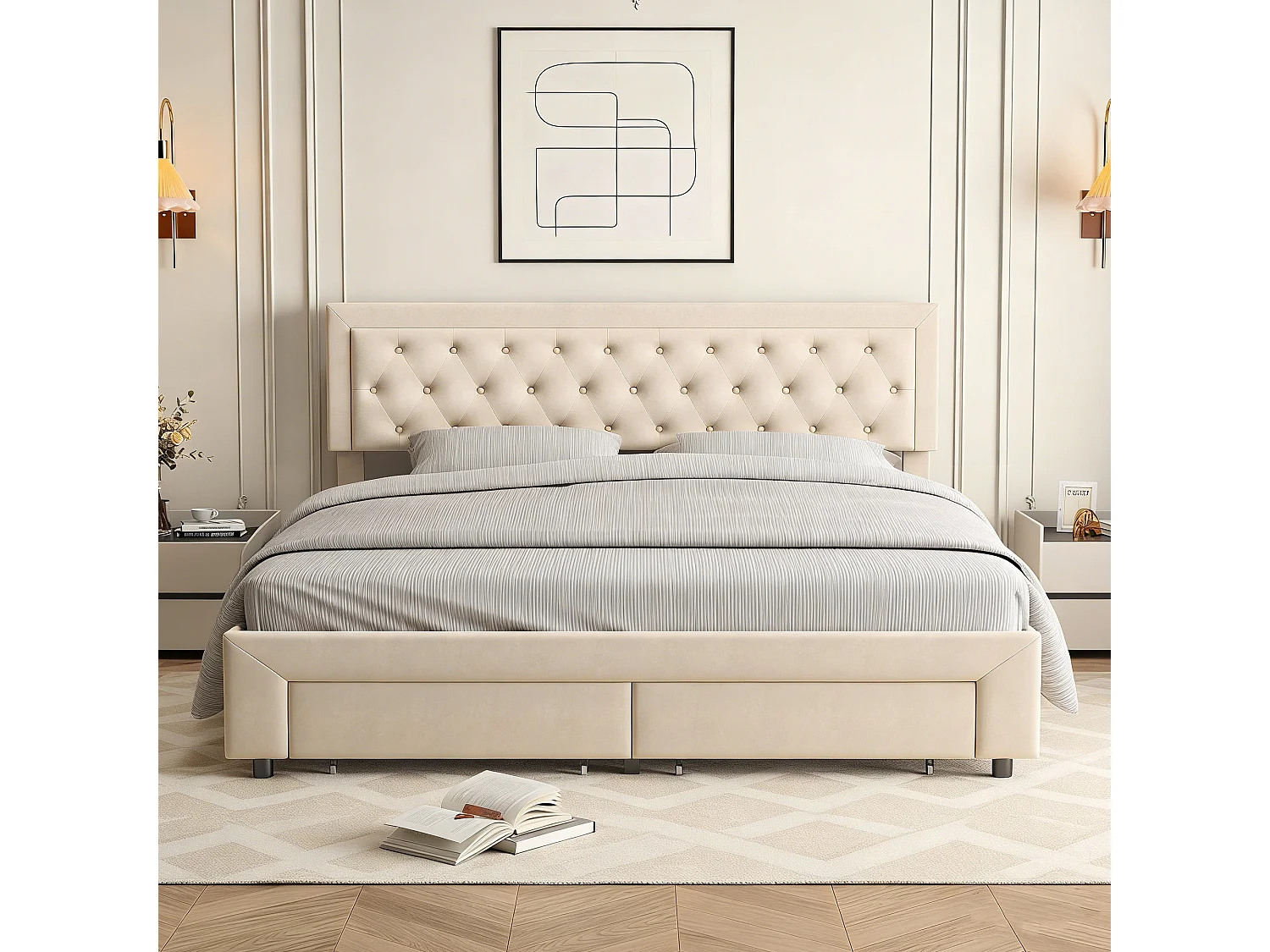 lit King Size 180x200 cm avec coffre et tiroir - Sommier à Lattes en Bois Massif - Cadre en Acier Renforcé - lit adulte 180x200 cm tissu velours - biege