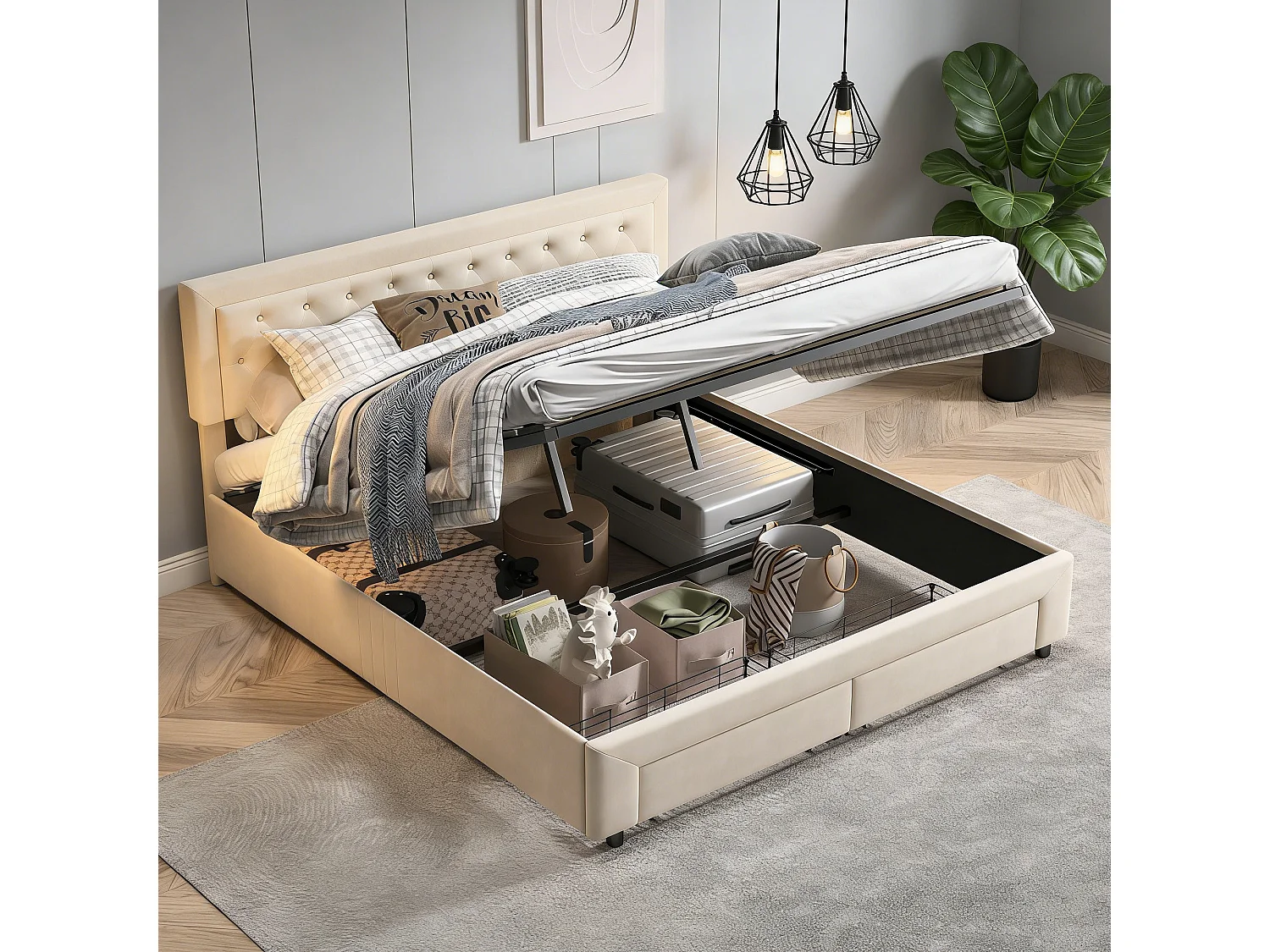 lit King Size 180x200 cm avec coffre et tiroir - Sommier à Lattes en Bois Massif - Cadre en Acier Renforcé - lit adulte 180x200 cm tissu velours - biege