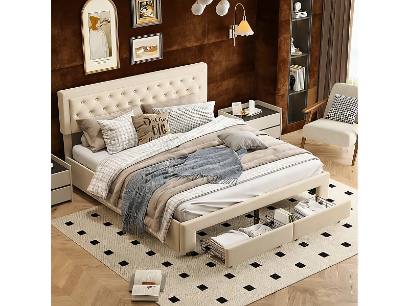 lit King Size 180x200 cm avec coffre et tiroir - Sommier à Lattes en Bois Massif - Cadre en Acier Renforcé - lit adulte 180x200 cm tissu velours - biege