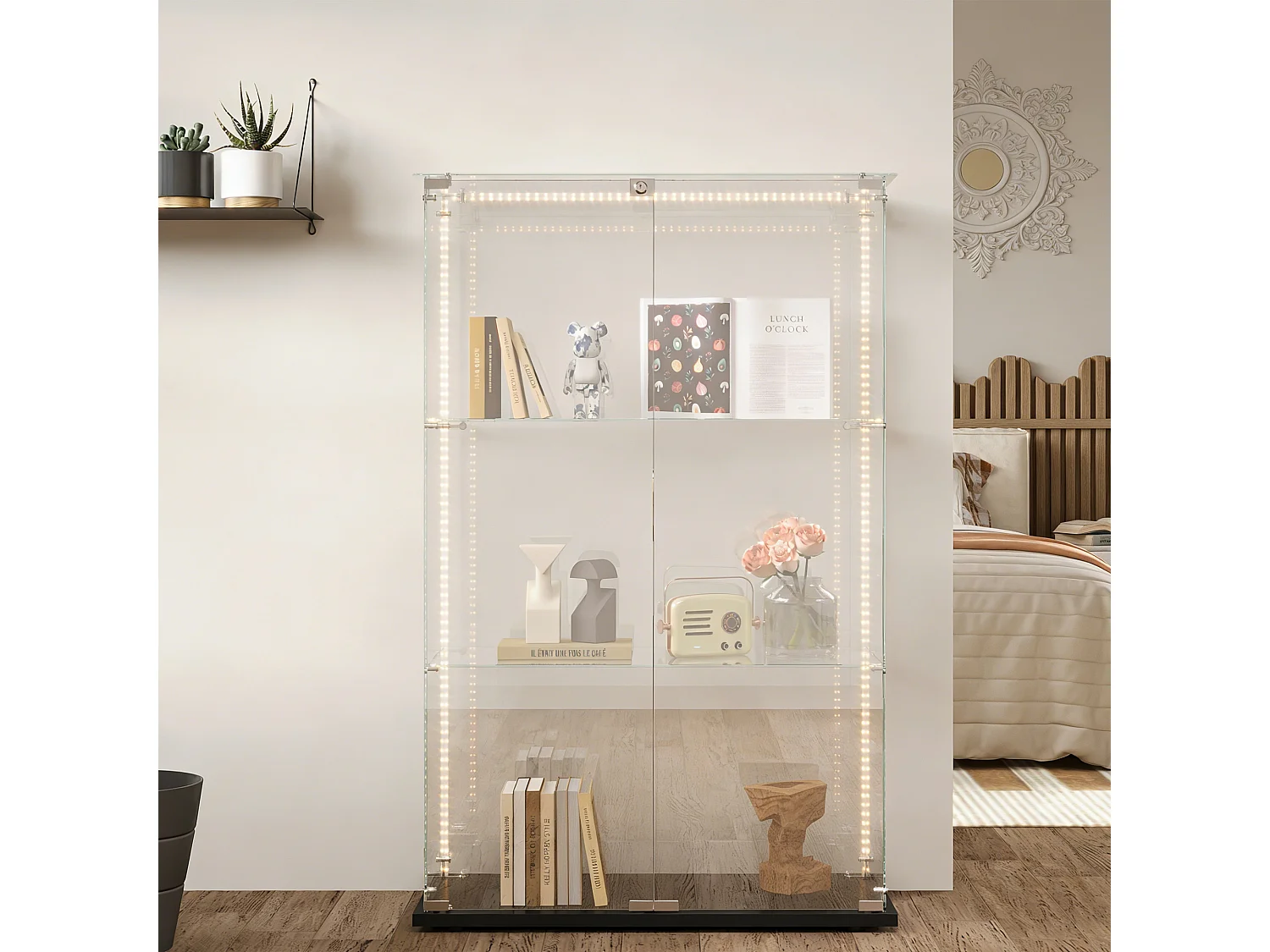Vitrine en Verre à 3 étagères avec 2 Porte - Armoire pour collection avec LED - verre trempé transparent haute définition avec serrure - noir