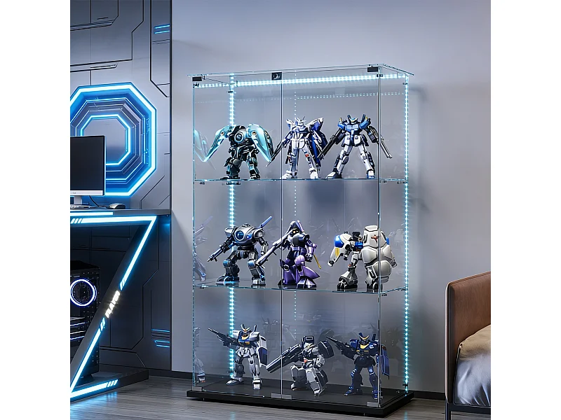 Vitrine en Verre à 3 étagères avec 2 Porte - Armoire pour collection avec LED - verre trempé transparent haute définition avec serrure - noir