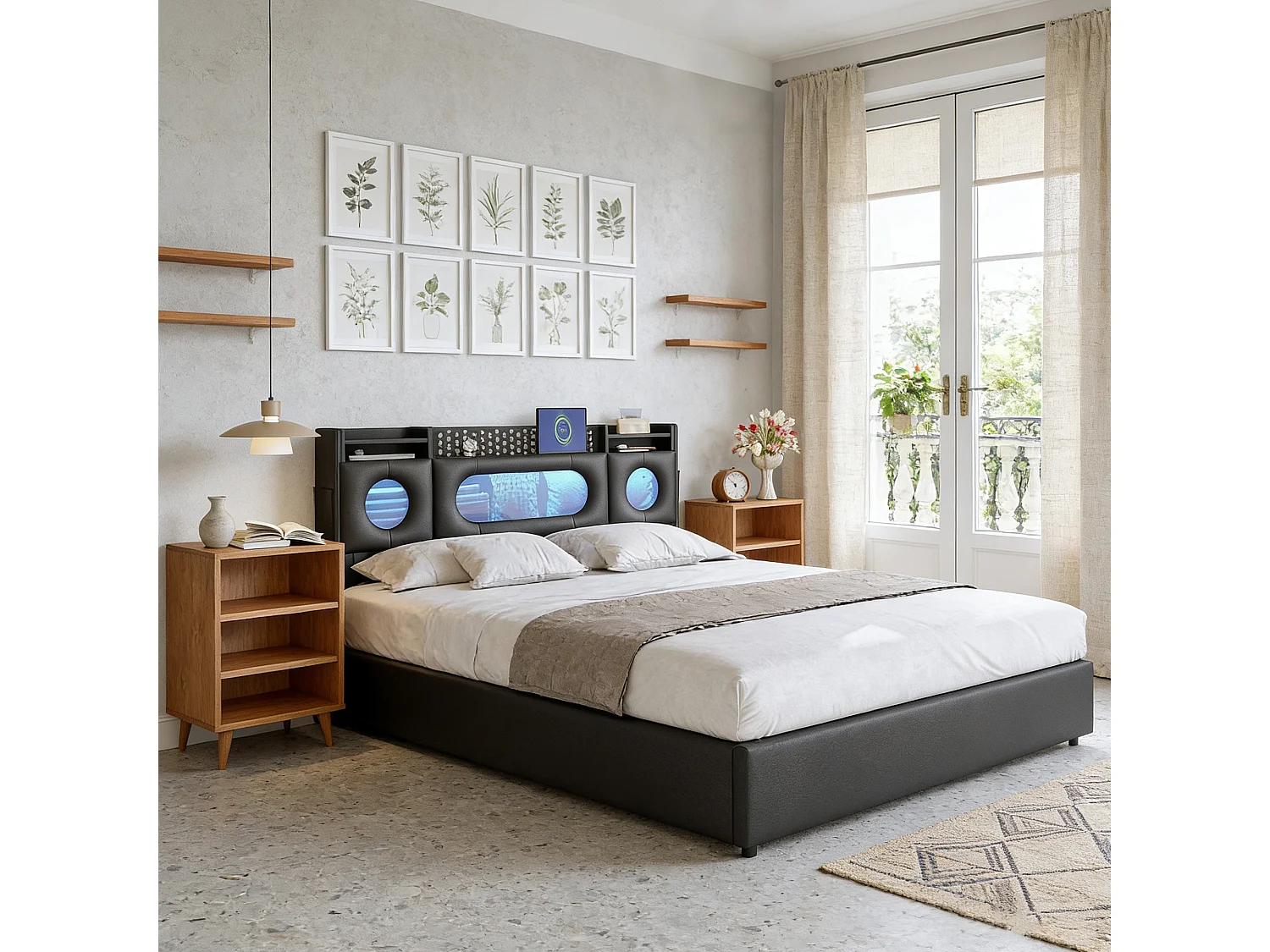 Lit adulte 160x200 coffre  - USB et Type C - lit double 160x200 cm avec sommier à latte - LED - style moderne - Noir - rangement dissimulé à la tête du lit