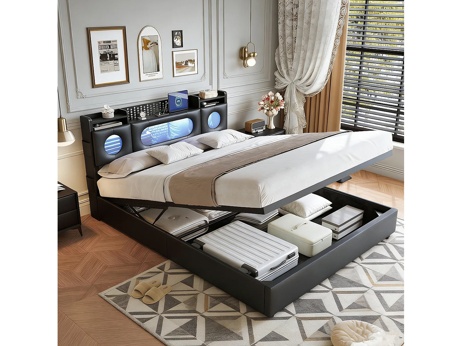 Lit adulte 160x200 coffre  - USB et Type C - lit double 160x200 cm avec sommier à latte - LED - style moderne - Noir - rangement dissimulé à la tête du lit