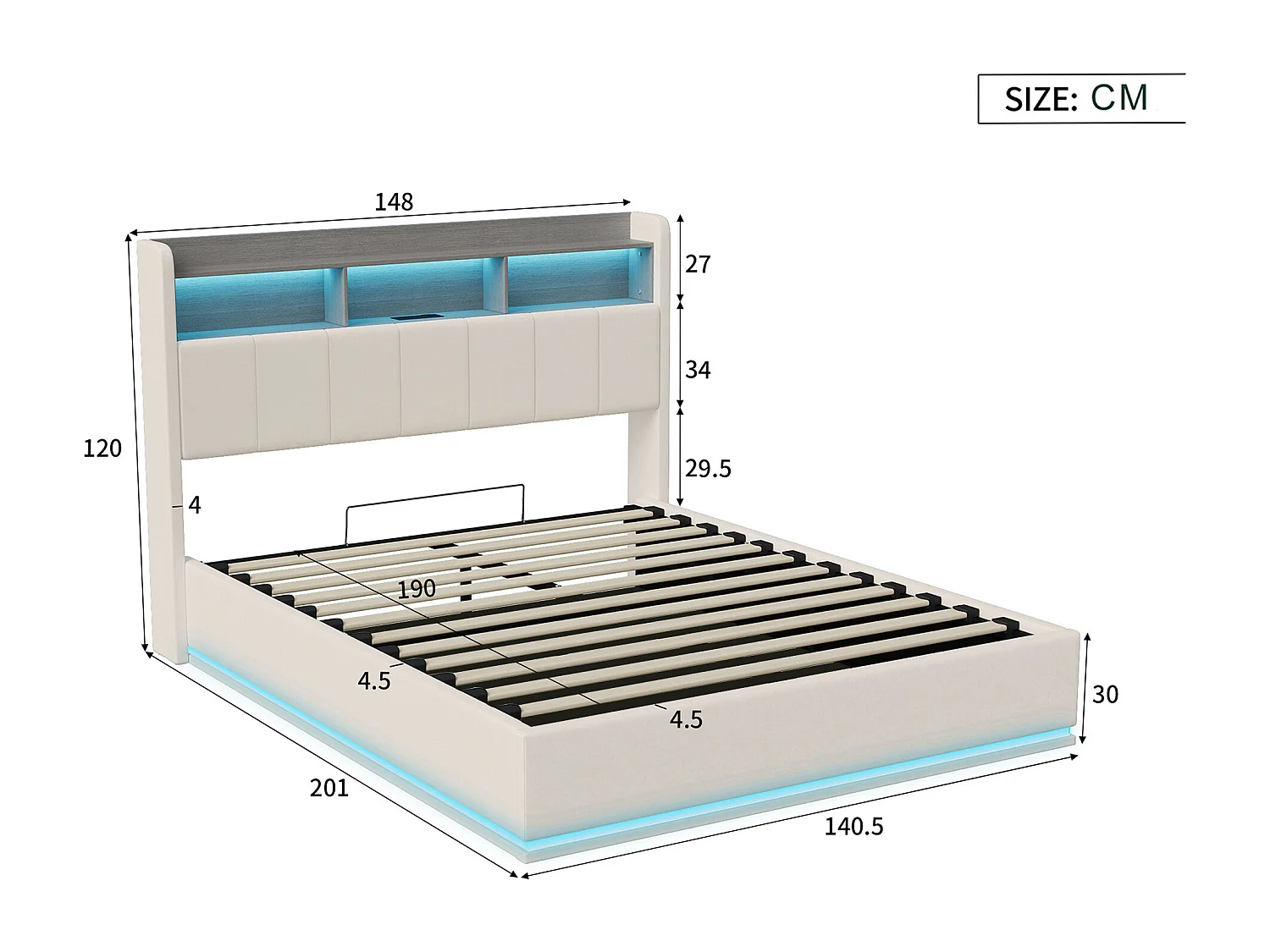 Lit coffre 140x190 cm avec sommier à lattes - Lit adulte 140x190 tissu velours - led - USB et type-c - lit double 140x190 cm rangements - Blanc